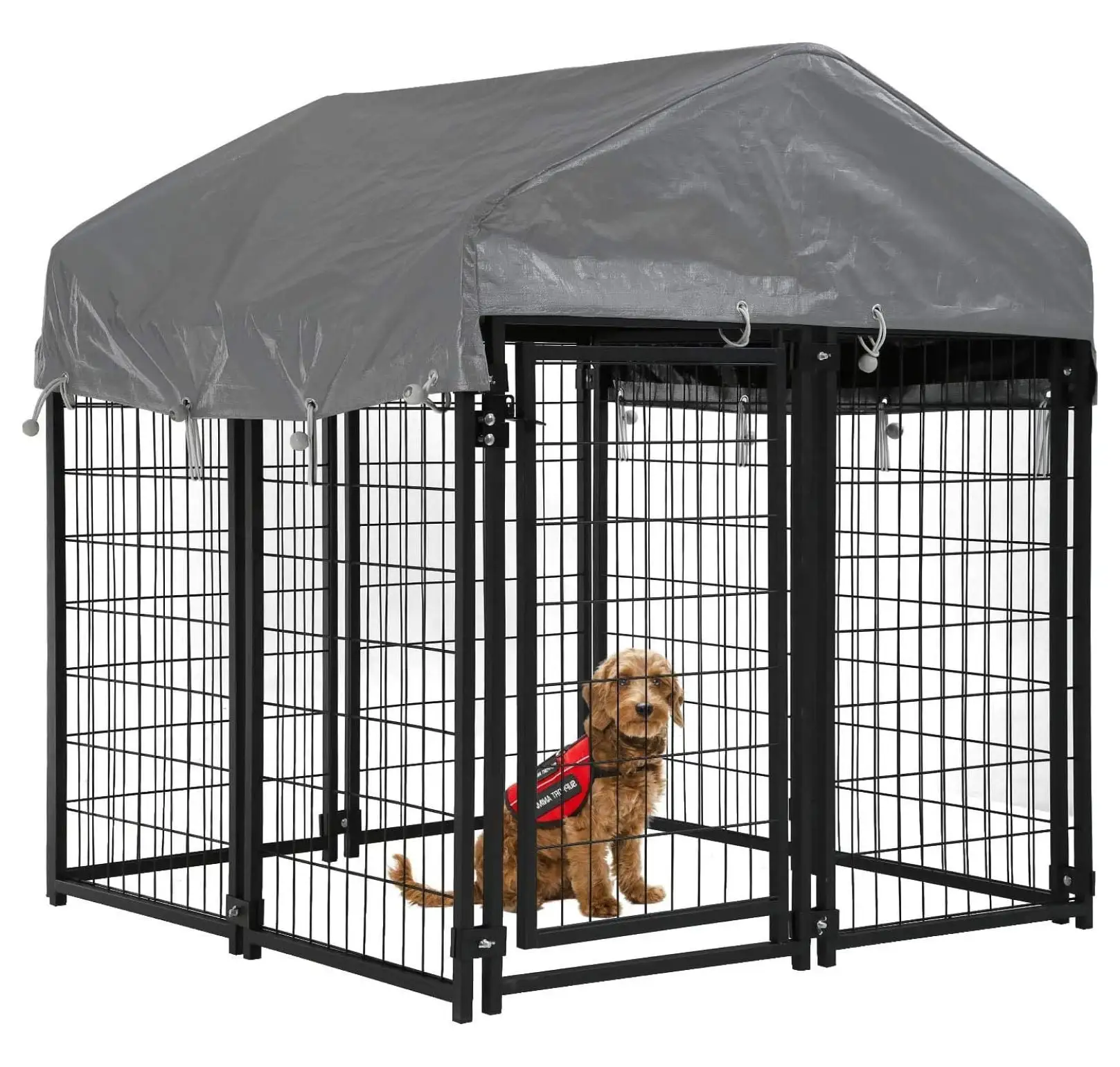 Dog Pen Dog Playpen House Heavy Duty Outdoor Metal Galvanized Welded Pet Crate Kennel Cage with UV Protection Waterproof Cover and Roof (4 x 4 x 4.3 Feet)