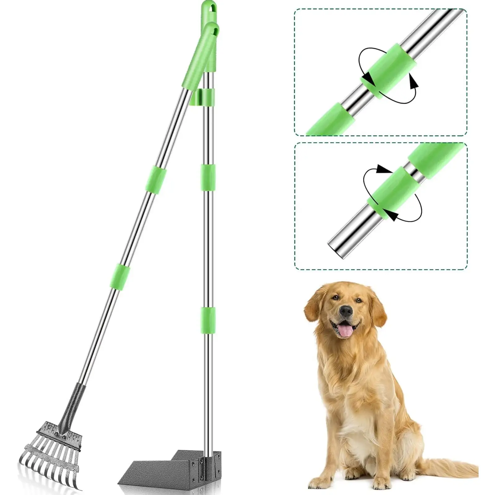 Dog Pooper Scooper. Metal Pet Poop Tray & Rake - 37 inches Pet Waste Removal Long Handle Scooper for Large Medium Small Dogs. Green