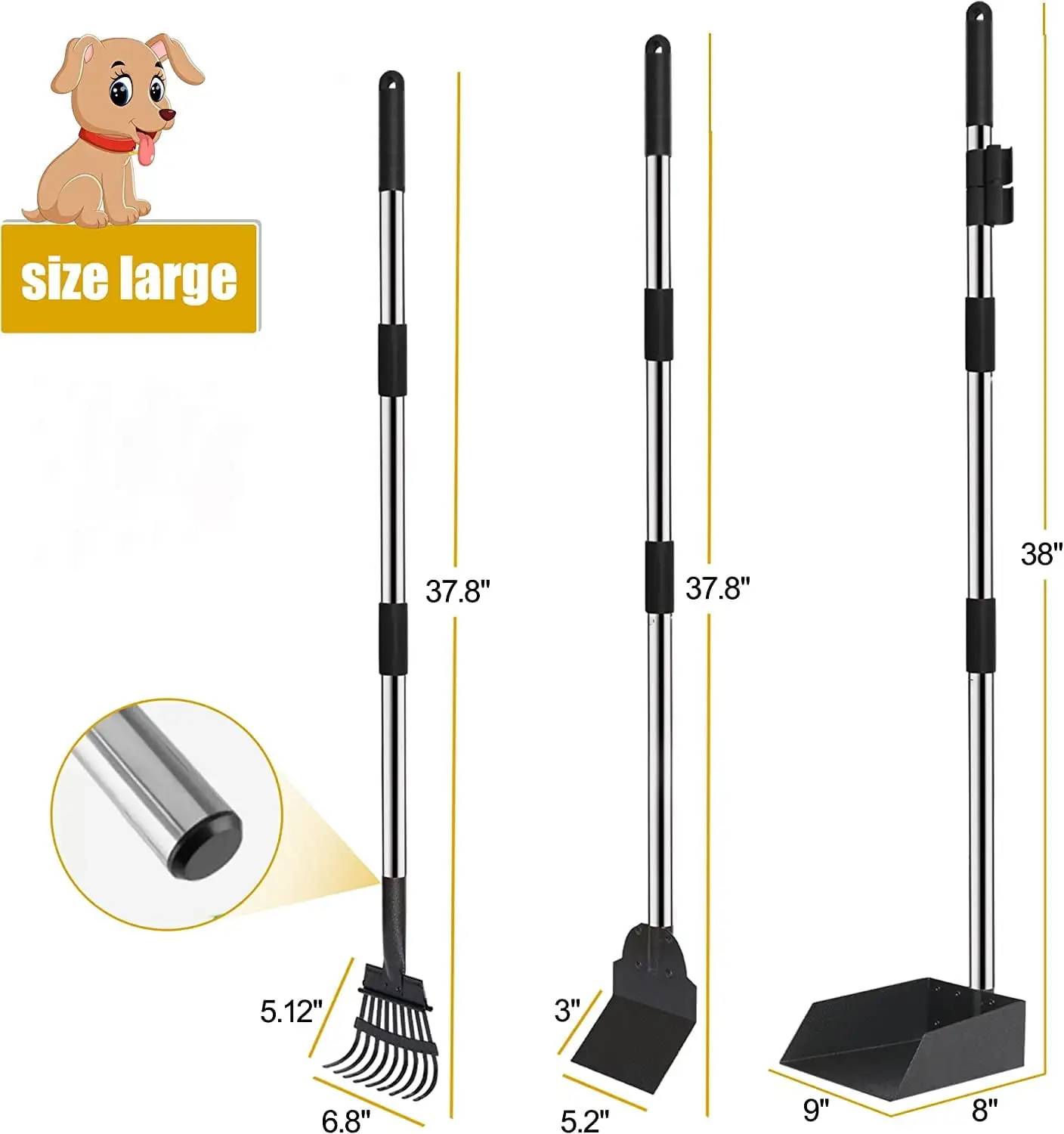 Dog Pooper Scooper. Upgraded Adjustable Long Handle Metal Pooper Scooper for Dogs. Pet Poop Scooper Set with Tray. Rake and Spade. Suit for Small Medium Large Dogs Waste Removal. Gravel. Grass