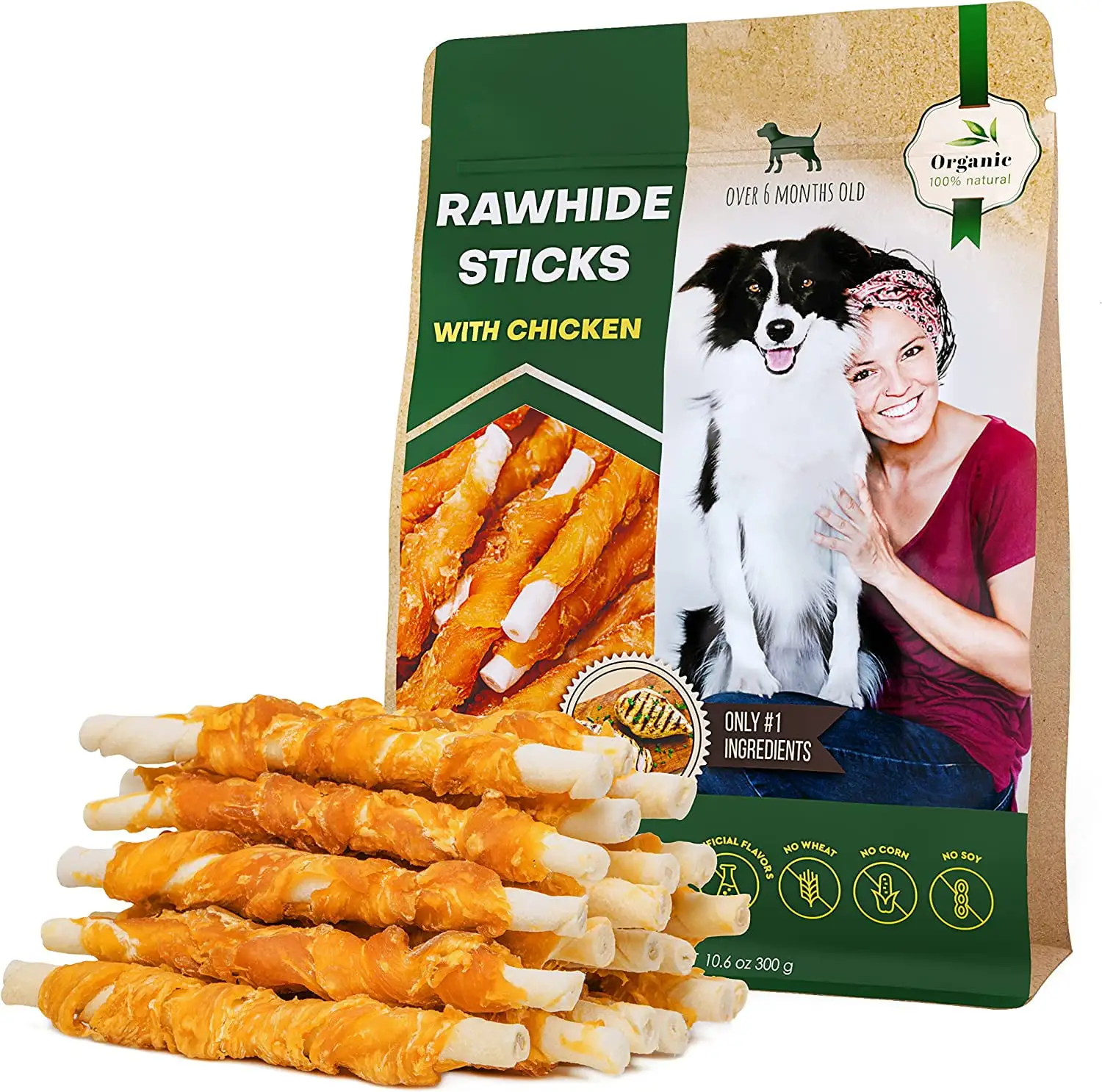 Dog Rawhide Sticks Wrapped with Chicken & Pet Natural Chew Treats - Grain Free Organic Meat & Human Grade Dried Snacks in Bulk - Best Twists for Training Small & Large Dogs - Made for USA