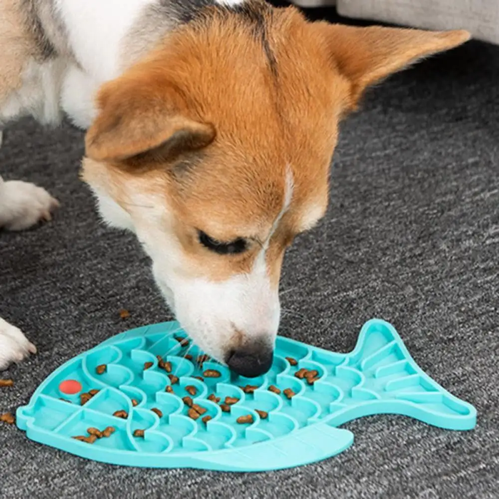 Dog Slow Feeder Bowl.Non Slip Rubber Fish Shape Slower Food Feeding Dishes Preventing Choking Dog Cat Feeding Bowl.Portable Travel Interactive Bowl.Blue