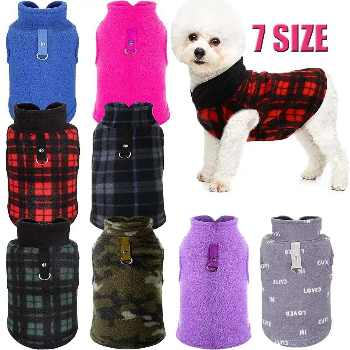 Dog Sweater Soft Fleece Vest with Leash Ring Plaid Warm Winter Pet Clothes Dog Pullover Jacket for Dogs Cats Winter Chihuahua Pet Indoor Outdoor Use