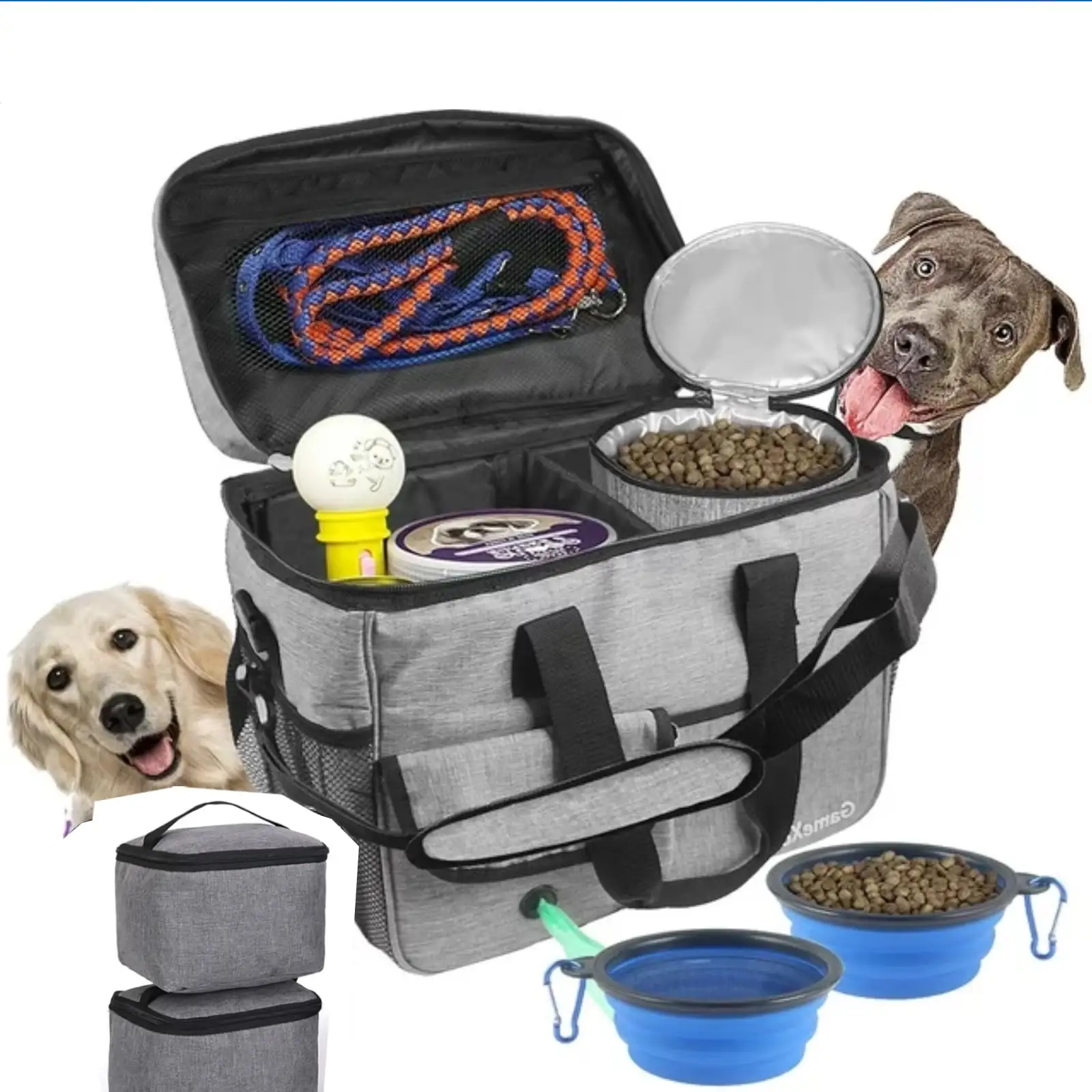 Dog Travel Bag. Travel Pet Bag Organizer. Dog Food Travel Bag with Food Container and Bowls. Gray