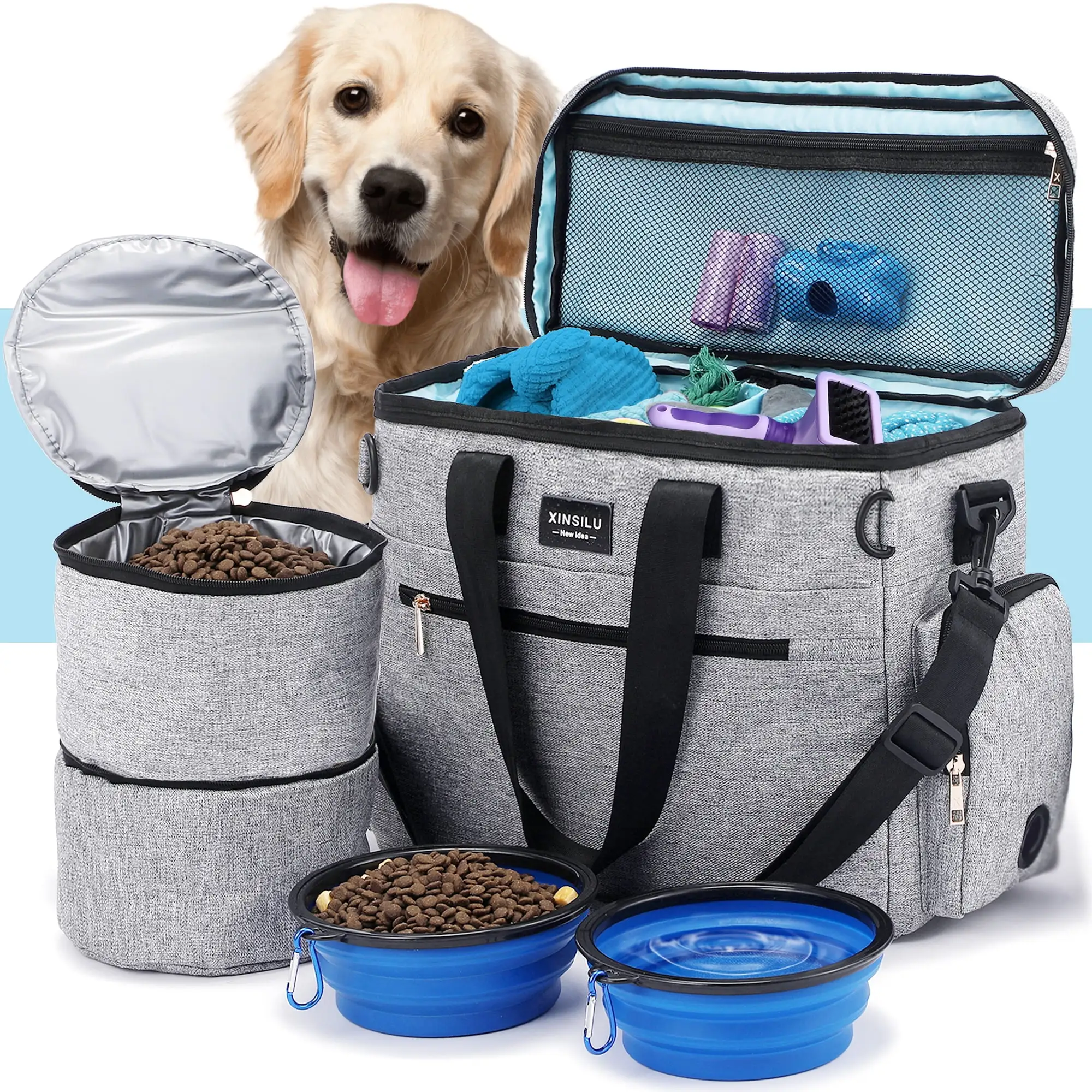 Dog Travel Bag. Weekend Pet Travel Set for Dog and Cat. Airline Approved Tote Organizer with Multi-Function Pockets (Gray)