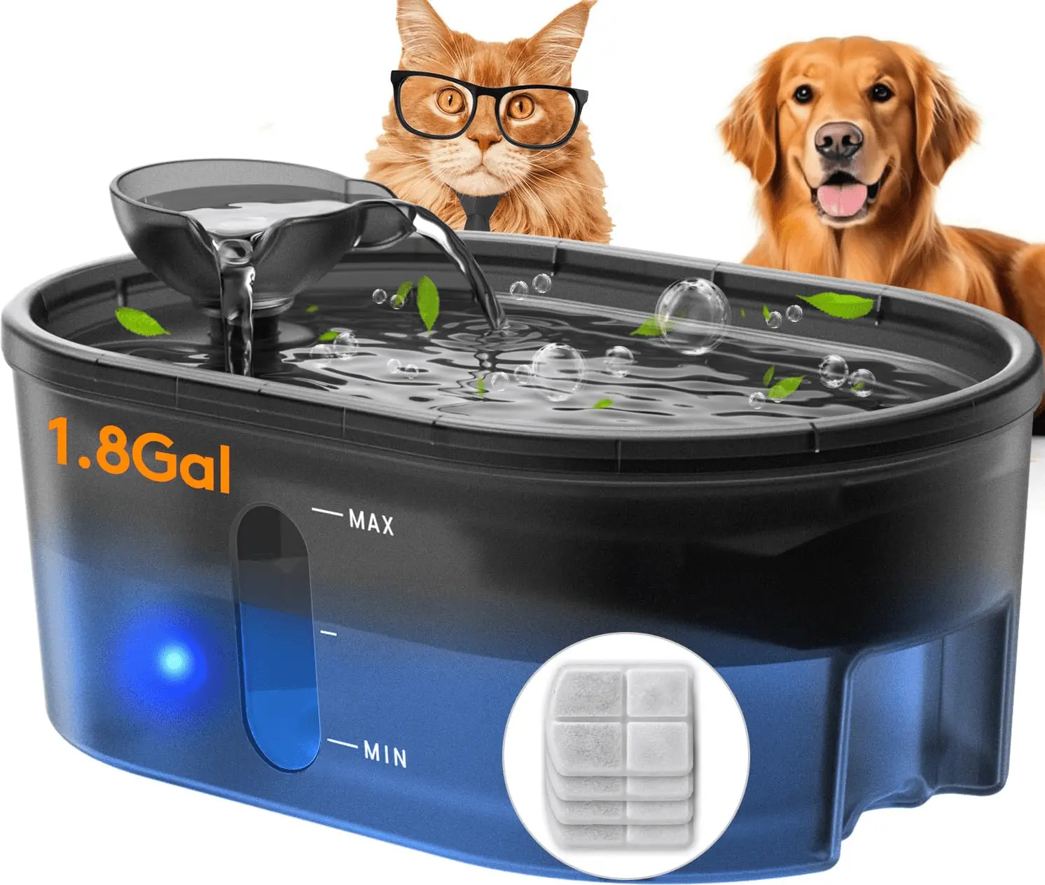 Dog Water Fountain for Large Dogs with 4 Pack Filters. 230oz/7L Ultra-Quiet Dog Water Fountain. 5 Layer Filtration & Large Size Filter. Smart LED Pump. BPA-Free. Ideal for Multi Pets (Fountain-Black)