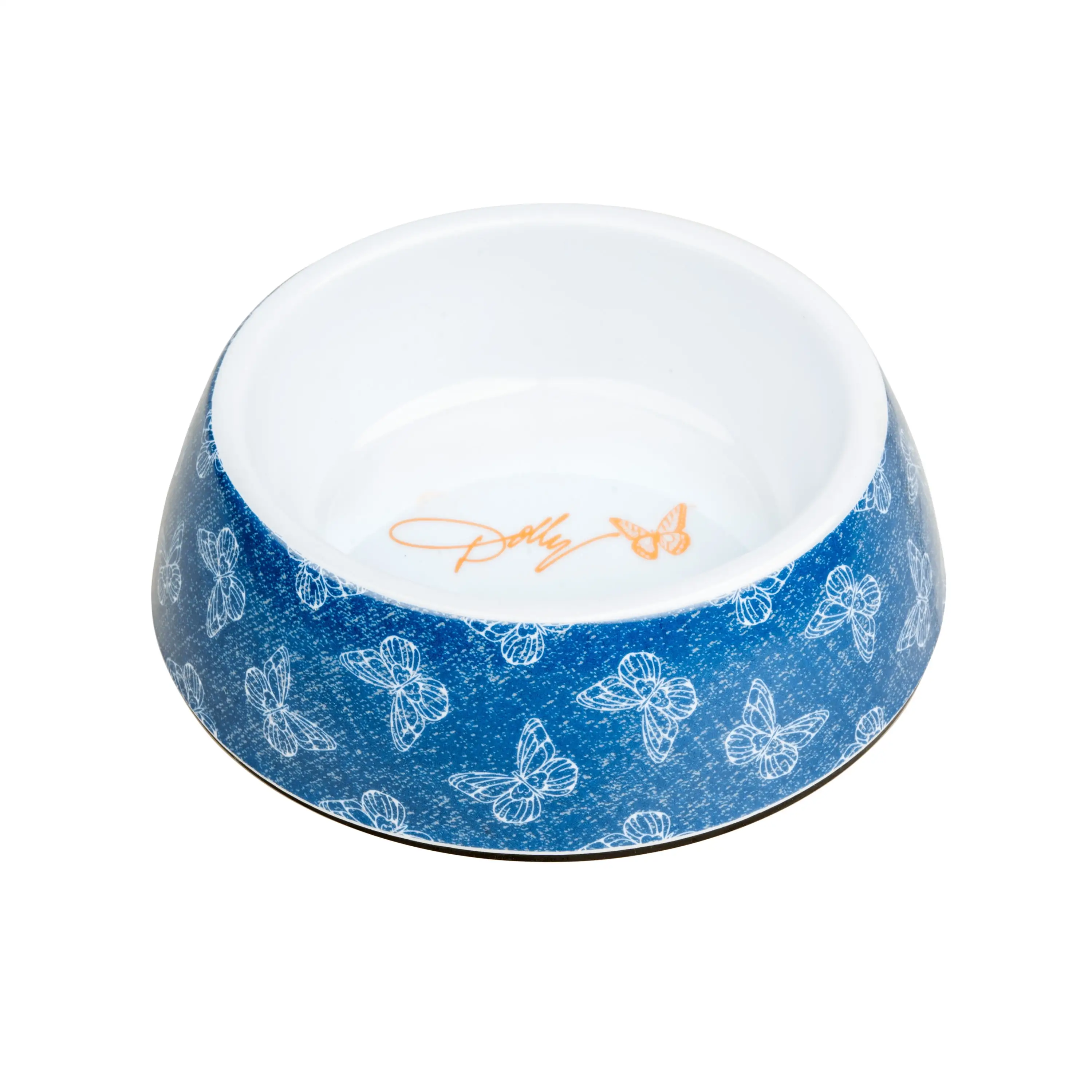 Doggy Parton. Cat Bowls. Denim Butterfly Print Pet Bowl. Blue. Small