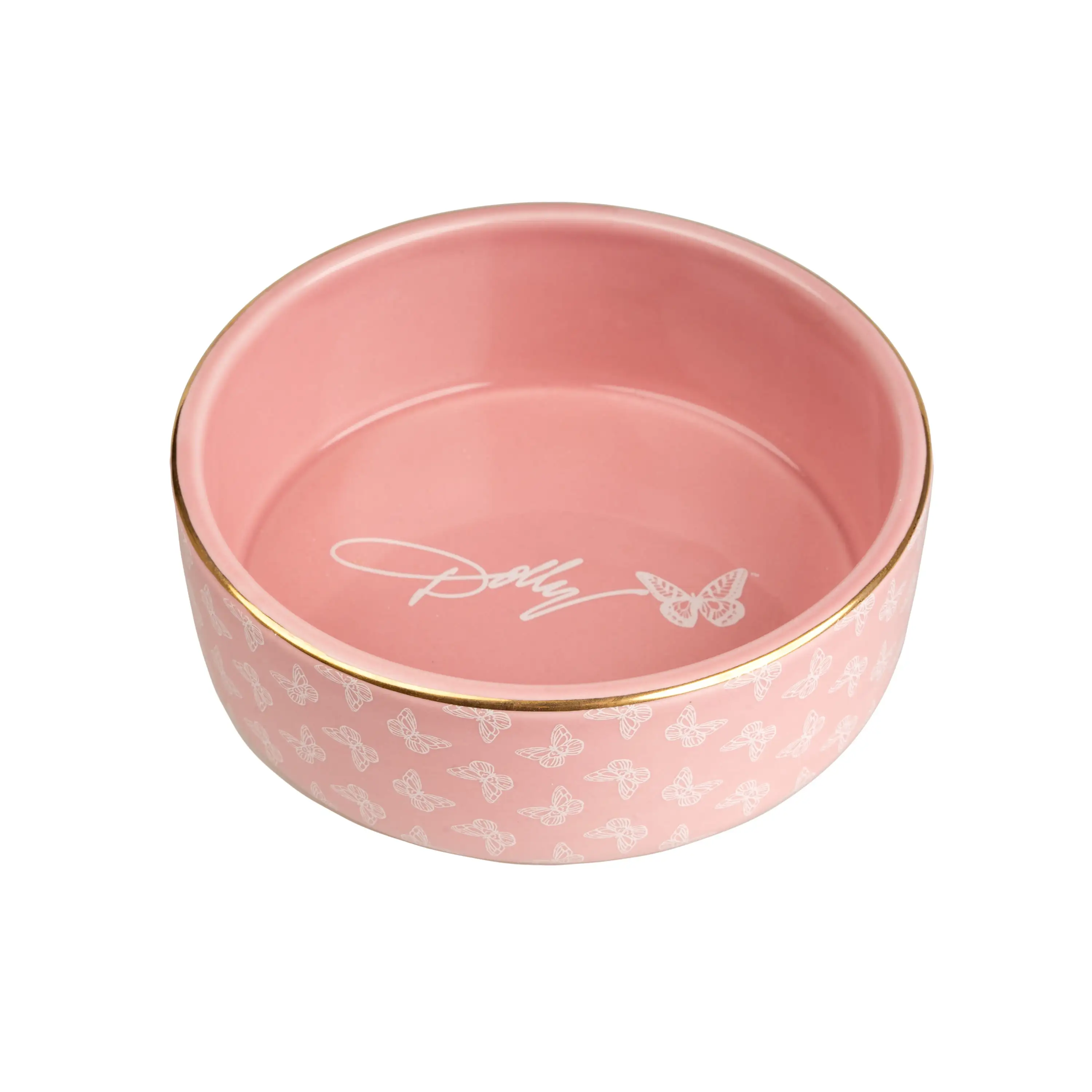 Doggy Parton. Cat Bowls. Gold Trim Butterfly Pet Bowl. Pink. Small