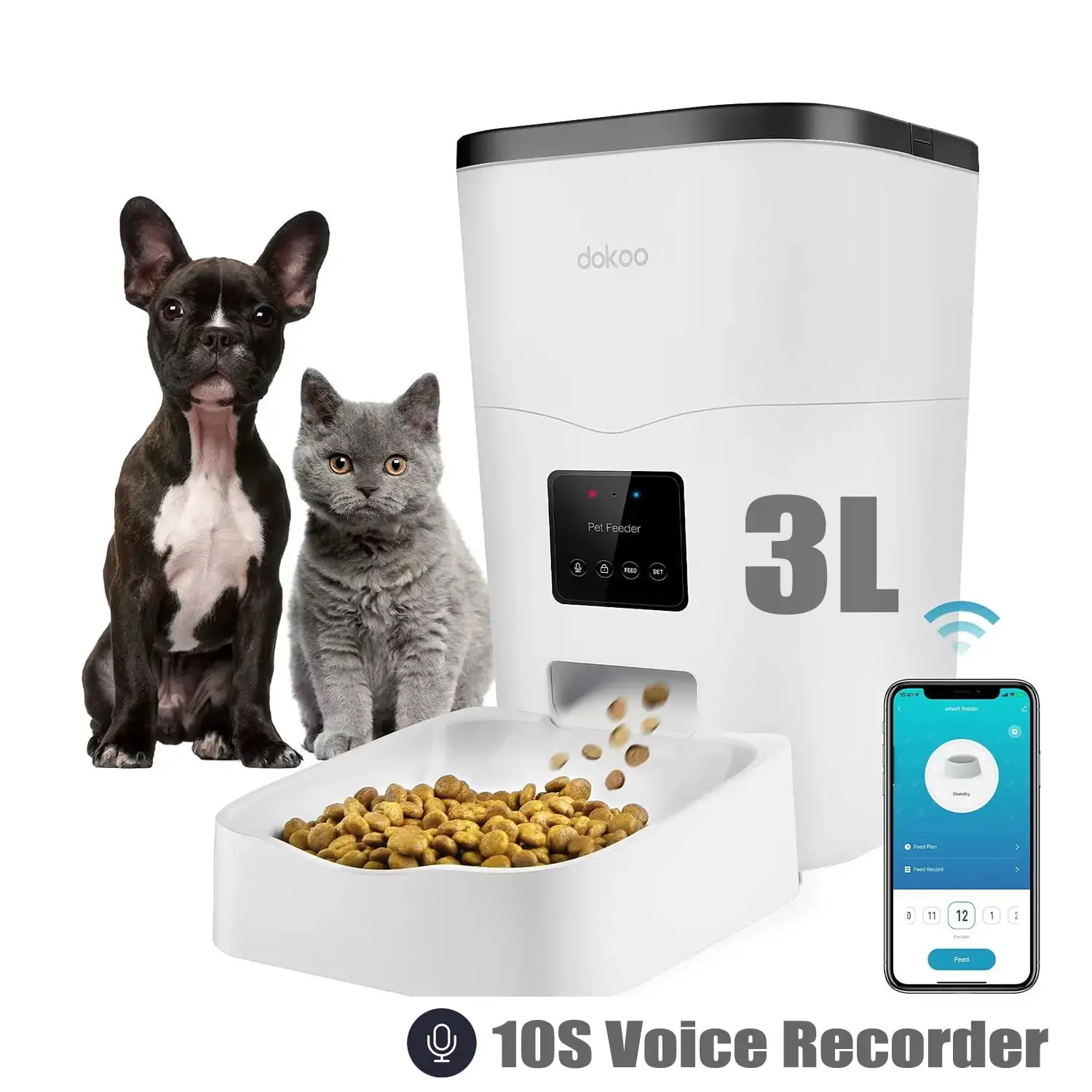 Dokoo Automatic Cat Feeder.App Control.Wi-Fi Enabled Smart 3L Clog-Free Auto Dog Food Dispenser with Portions & Control 1-10 Meals per Day .10S Voice Recorder Pet Timer Feeder for Cat and Dogs