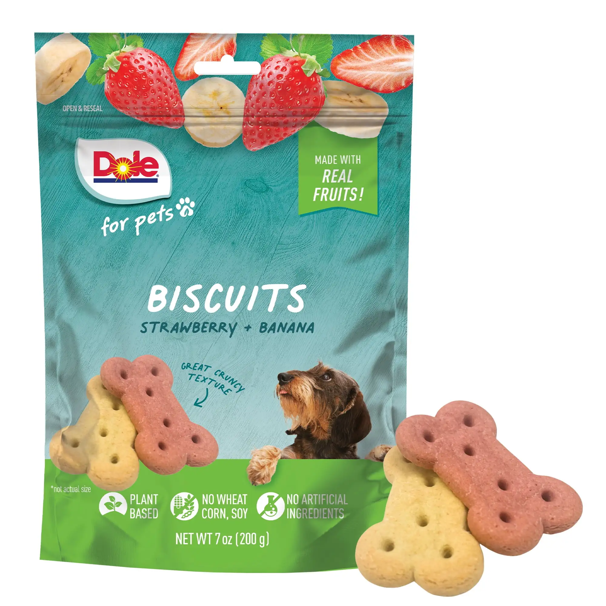 Dole Freshly Fetched Dog Biscuit Treats. Banana & Strawberry Flavors. No Wheat. Corn or Soy. 7oz