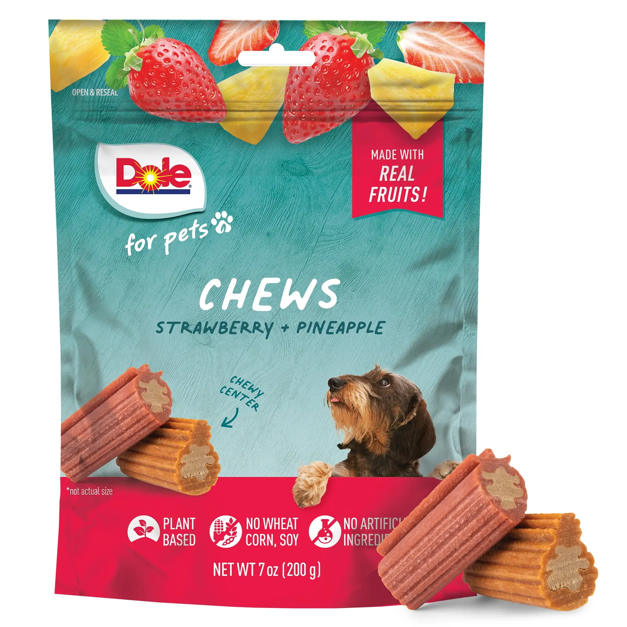 Dole Freshly Fetched Dog Chew Treats. Strawberry & Pineapple Flavors. No Wheat. Corn or Soy. 7oz