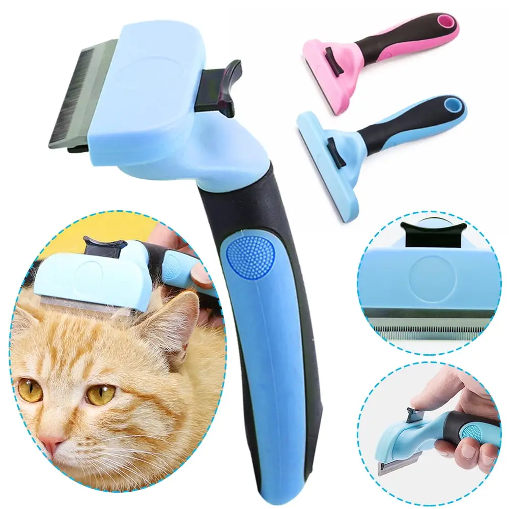 Dosaele Pet Comb with Safe Blade for Dog Knotted Hair Cleanning Brush for Cat Seasonal Hair Removal Professional Animal Grooming Shaving Knife Blue