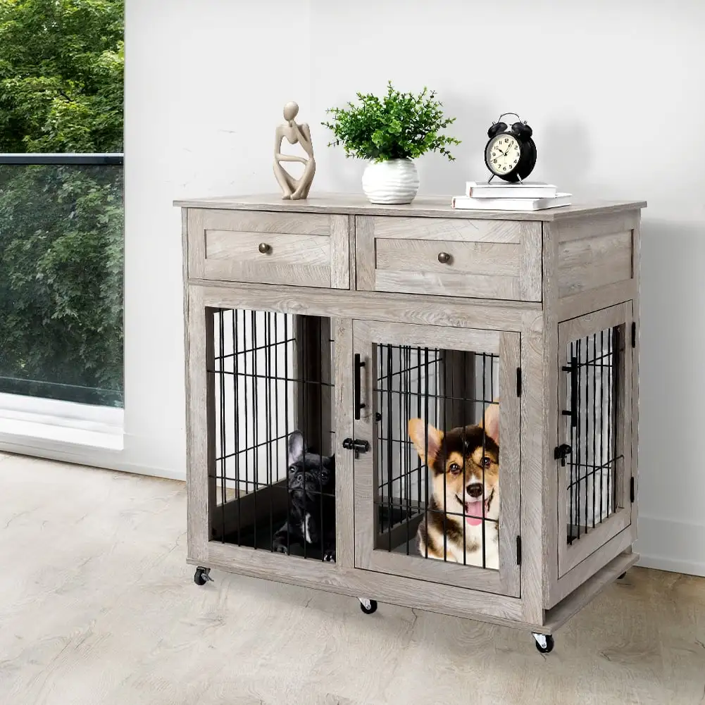 Double Dog Crate Furniture with 2 Drawers.Wooden Dog Crate End Table.2 Dogs Wooden Dog Cage Dog House for Small/Medium/Large