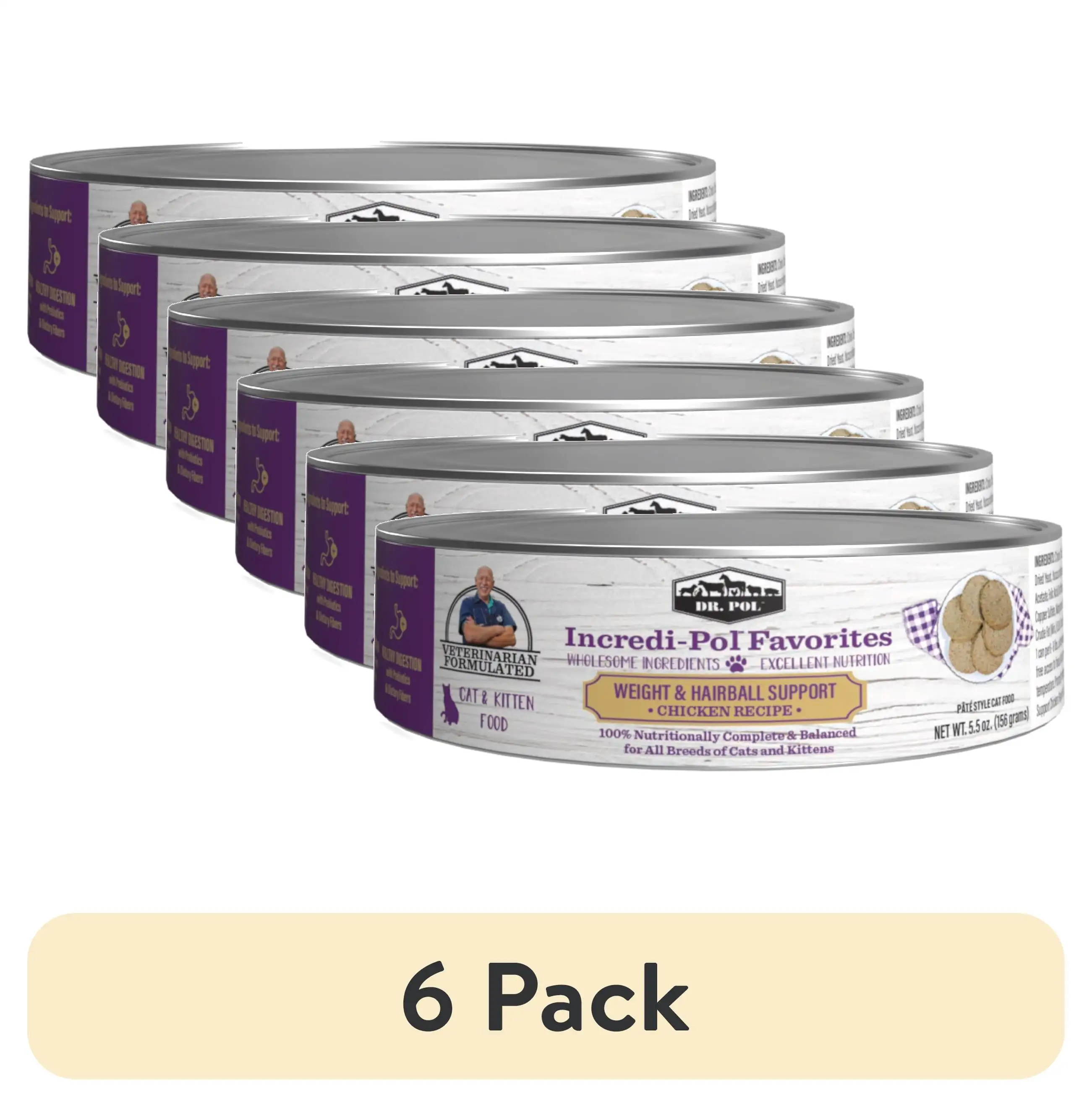 (6 pack) Dr. Pol Incredi-Pol Favorites Chicken Weight and Hairball Support Canned Cat Food. 5.5oz.