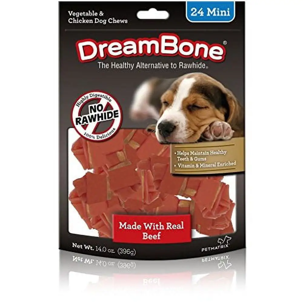 DreamBone Mini Chews With Real Beef. Rawhide-Free Chews For Dogs. 24 Count. 3 Pack