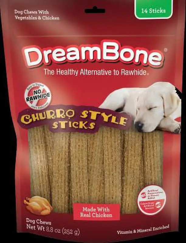 Dreambone Churro-Style Sticks 14 Count. Made with Real Chicken. Rawhide-Free Chews for Dogs