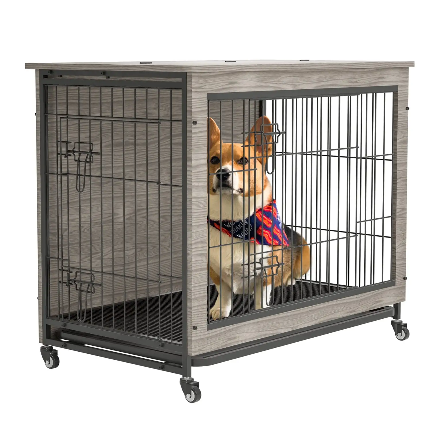 DremFaryoyo 23.6L X 20W X 26H Dog Crate with Cushion Wooden Dog Crate Table Double-Doors Dog Dog Kennel Indoor for Small Dog Dog House Dog Cage Small Rustic Brown Grey