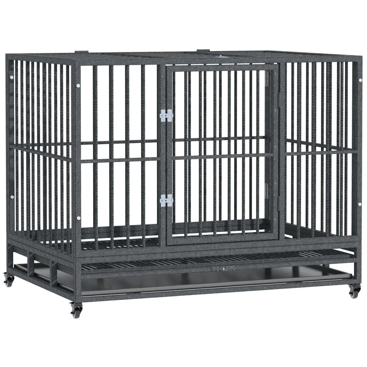 DremFaryoyo PawHut 43 Heavy Duty Dog Crate Metal Cage Kennel with Lockable Wheels Double Door and Removable Tray Grey