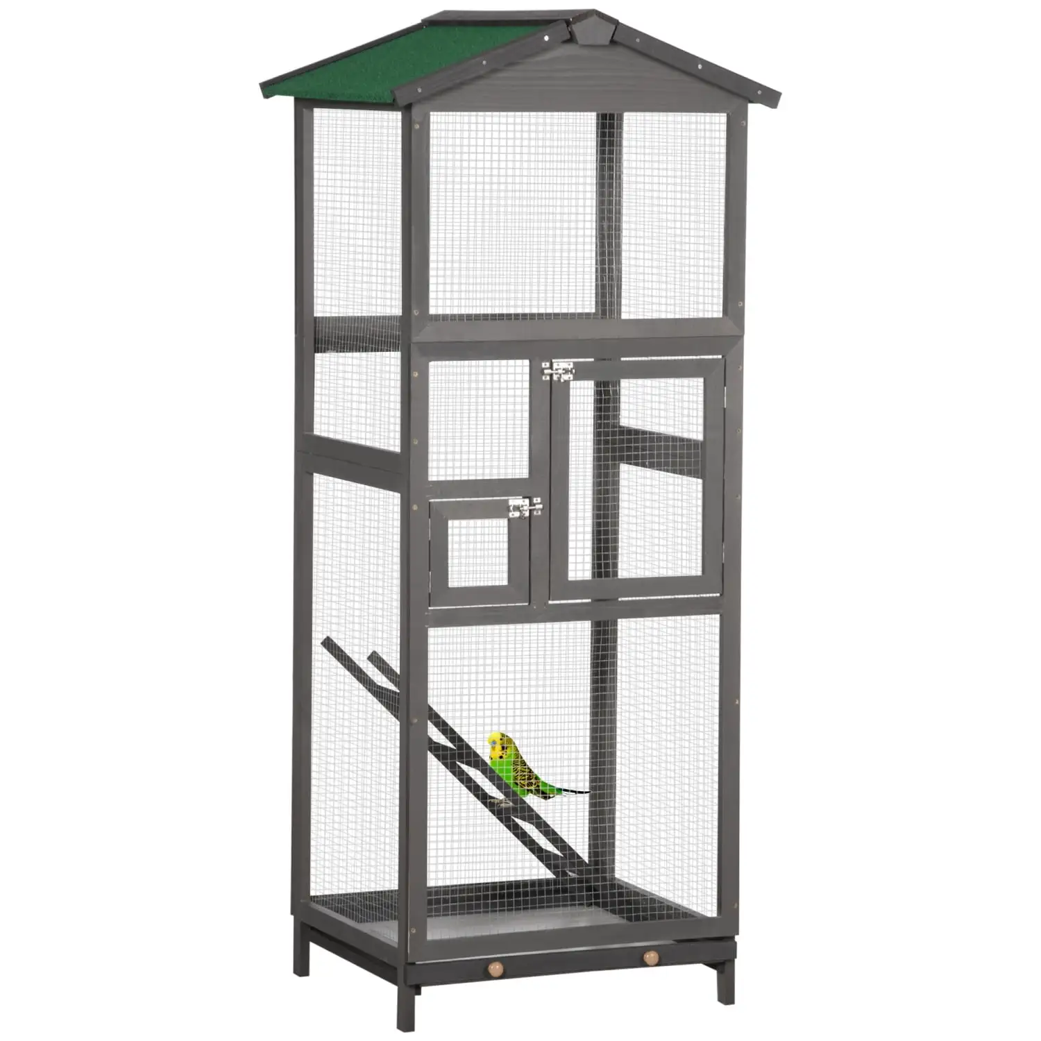 DremFaryoyo PawHut 65 Wooden Bird Cage Outdoor Aviary House for Parakeet with Pull Out Tray and 2 Doors Grey