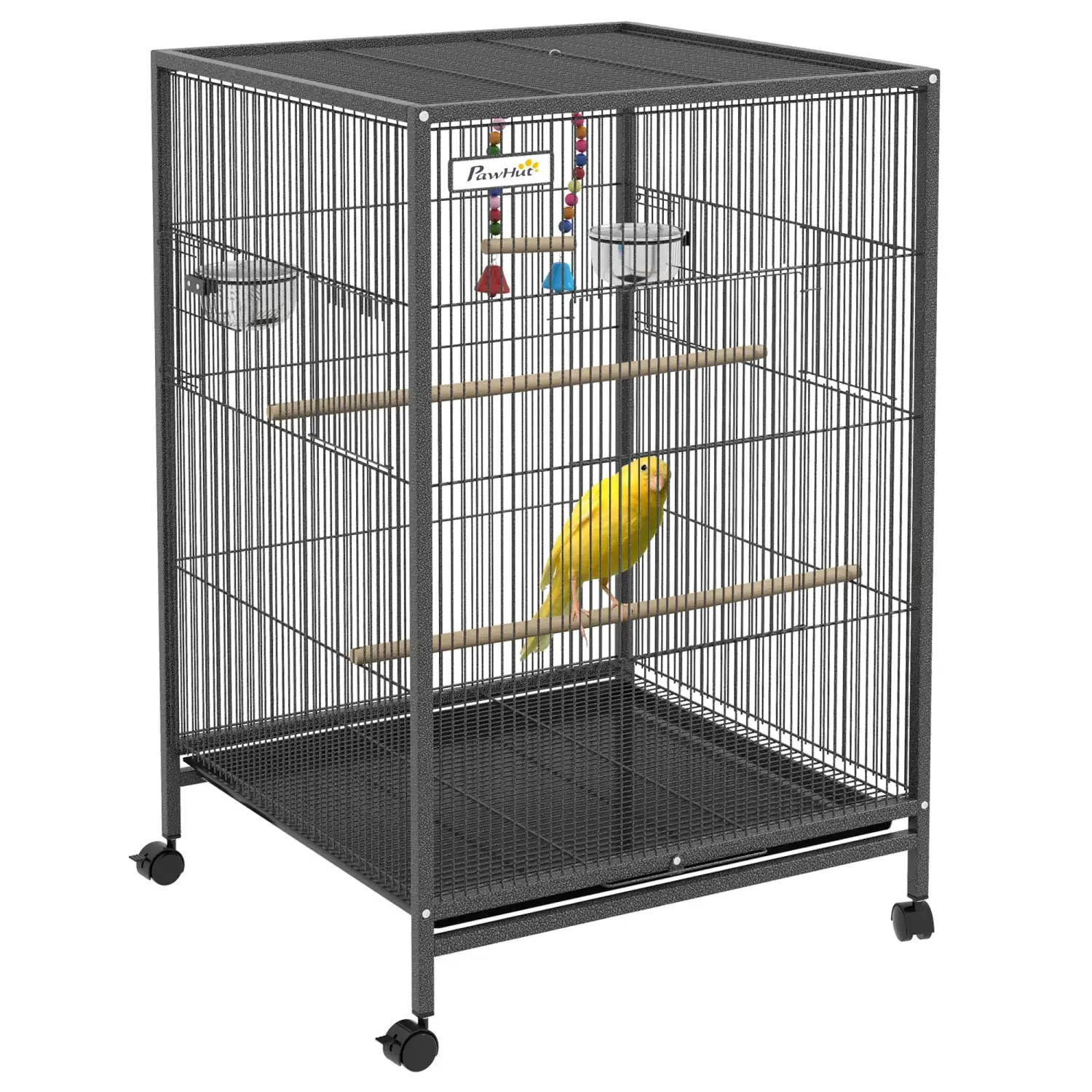 DremFaryoyo Pawhut Metal Bird Cage with Stand for Parrots Lovebirds Finches Large Bird Cage with Swing Stainless Steel Bowls Removable Tray for Small Birds Gray