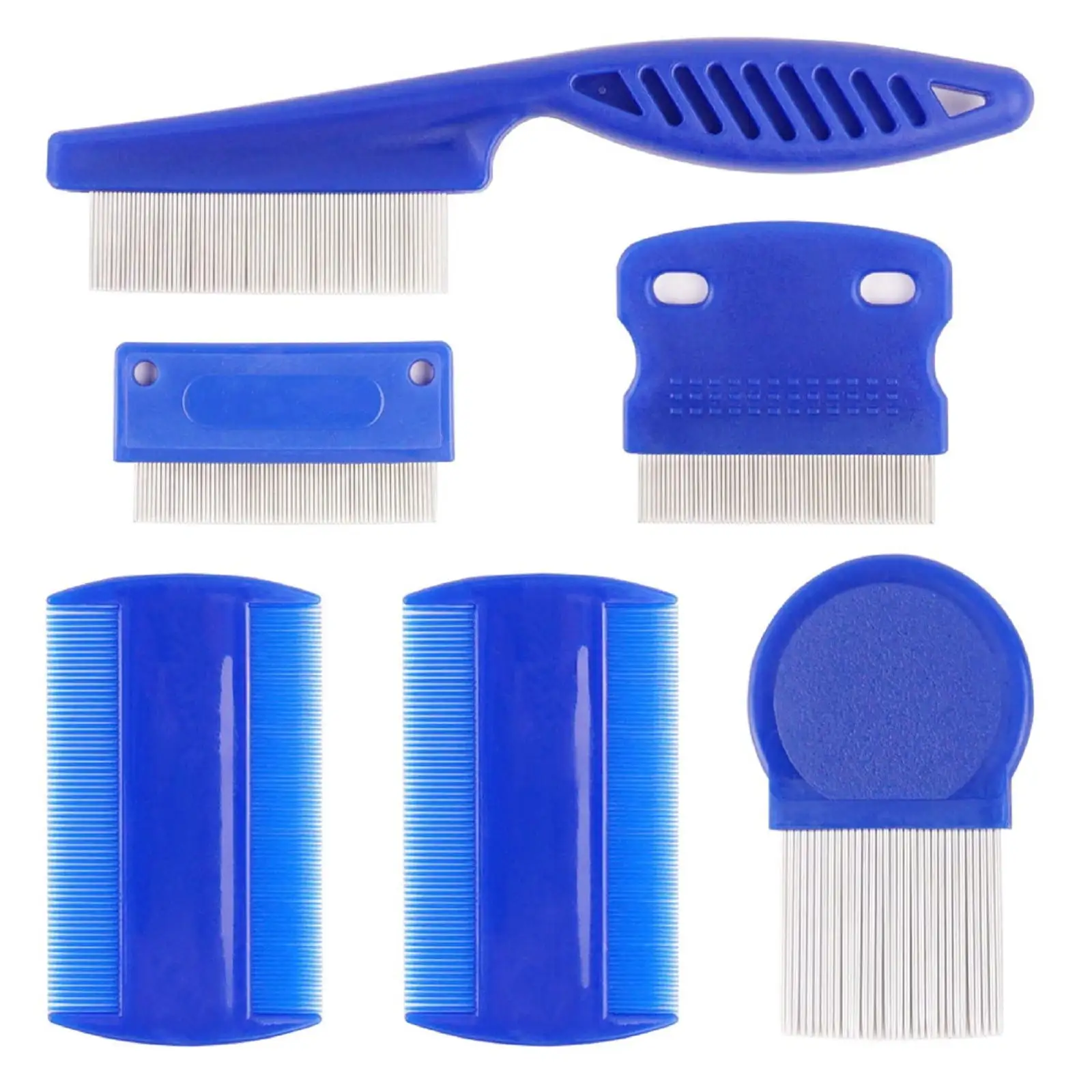 Duklien Pet Others 6 Pcs/Set Flea Comb for Cat Dog Pet Stainless Steel Comfort Flea Hair Grooming Tools Deworming Brush Short Long Hair (Blue)