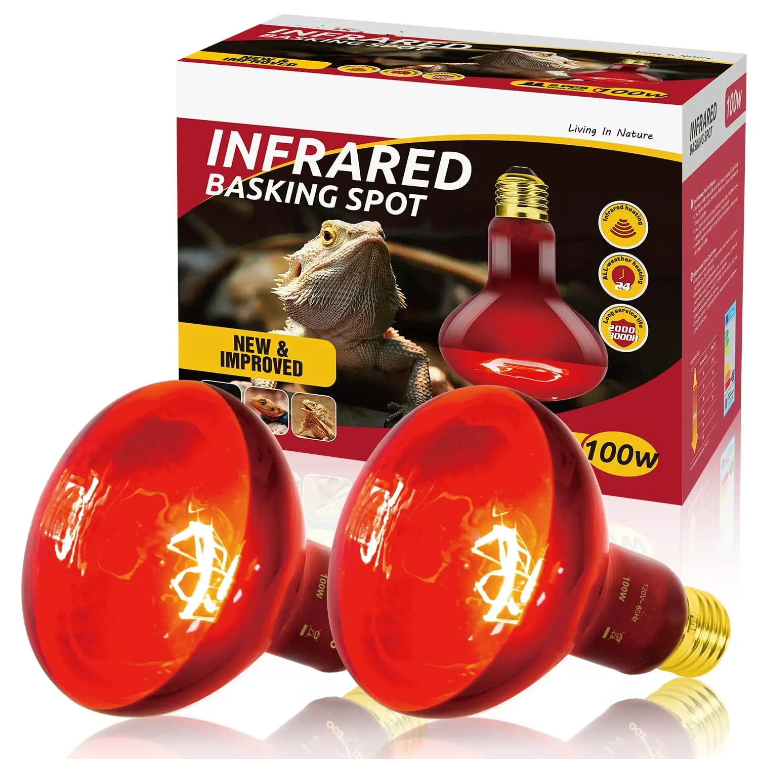 ECOSUB Reptile Heat Lamp 100W. 2Pcs E26 Basking Spot Light. Infrared Heat Lamp. Red