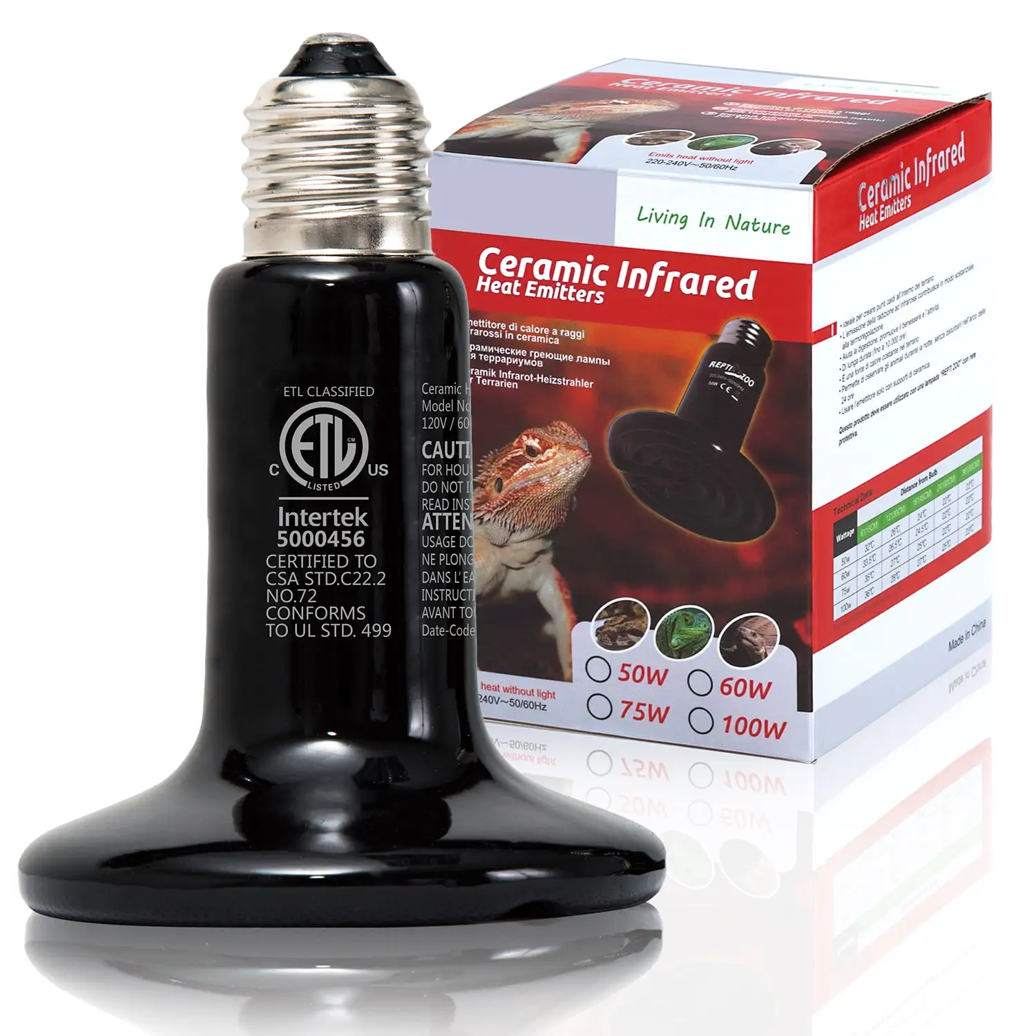 ECOSUB Reptile Heat Lamp Bulb 100W. Ceramic Infrared Heat Emitter. No Light & No Disturbing Black