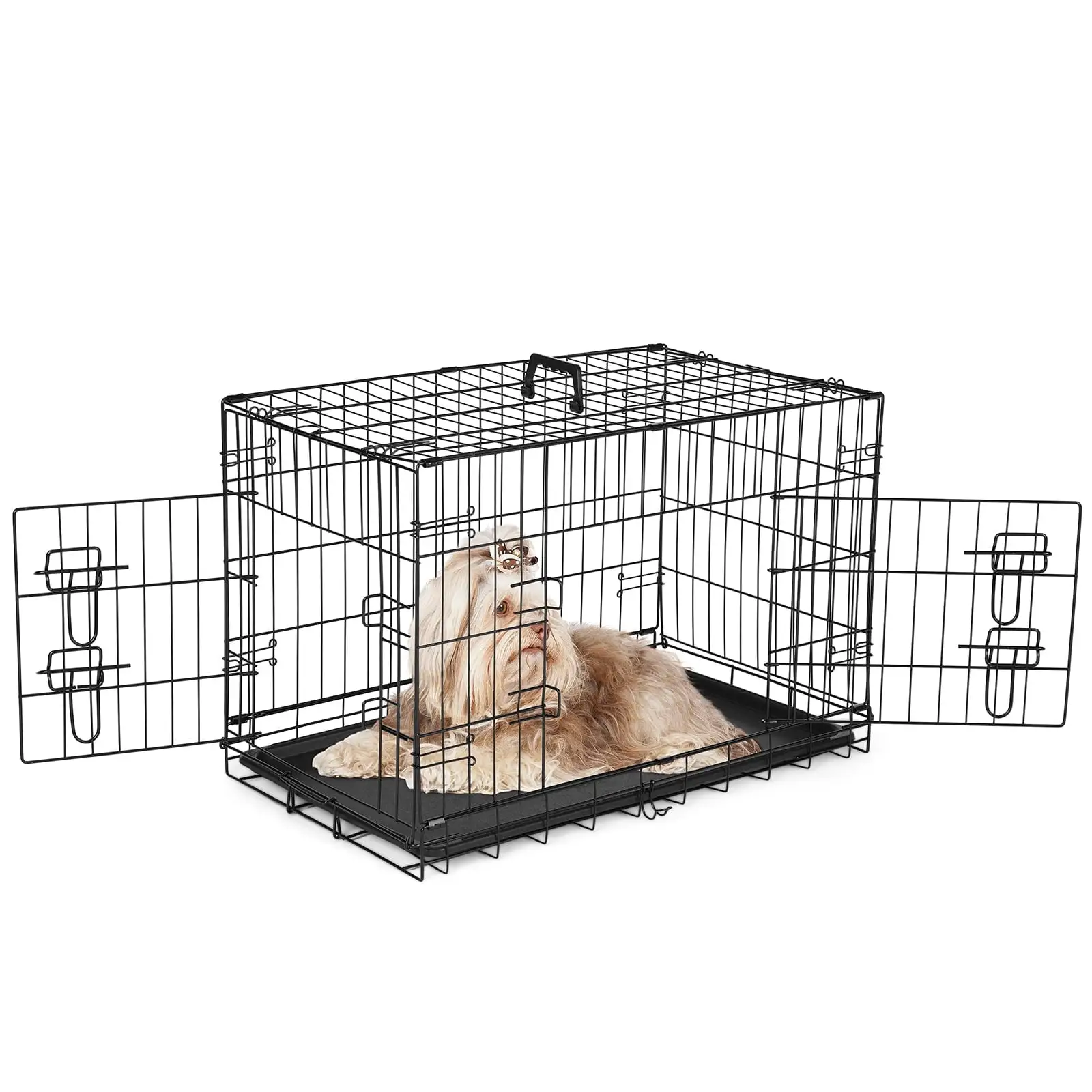 EDX Medium Dog Crate with Divider Panel. 30 Inch Double Door Folding Metal Wire Dog Cage with Plastic Leak-Proof Pan Tray