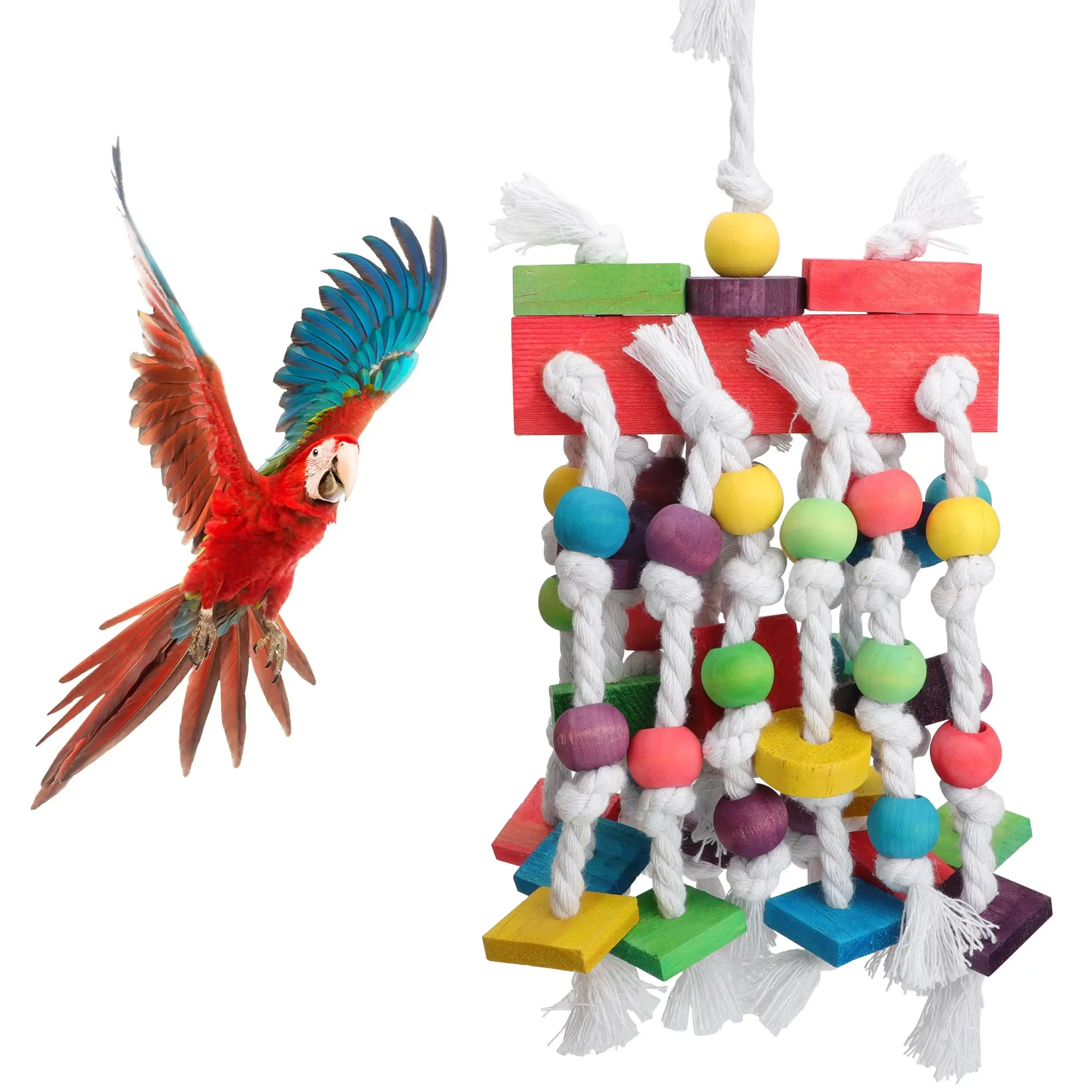 EEEkit Bird Toy. Colorful Wooden Beads Blocks. and Cotton Rope Toy for Climbing. Chewing. Unraveling