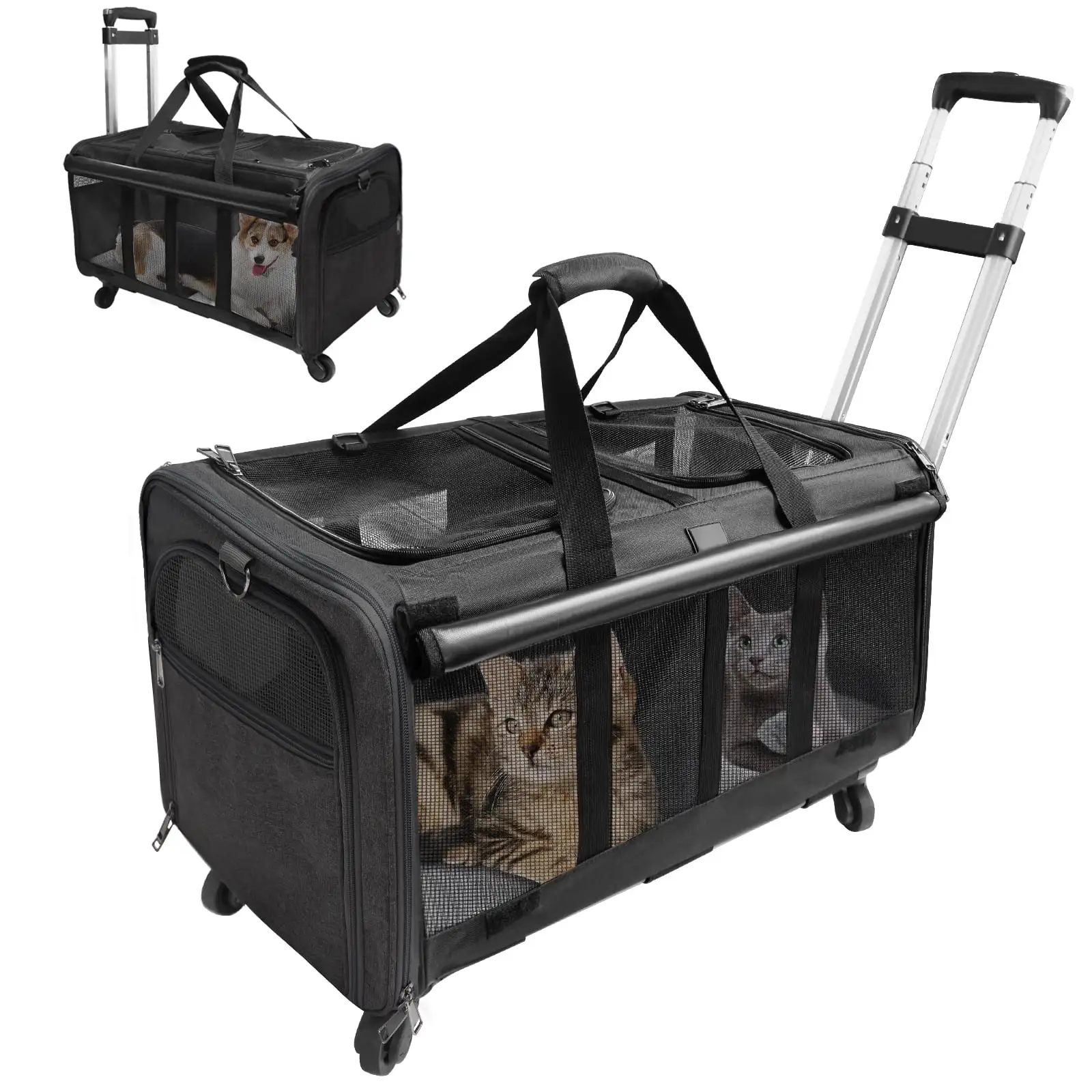 ELEGX Double-Compartment Pet Rolling Carrier with Wheels for 2 Pets.for Up to 35 LBS.Cat Rolling Carrier for 2 Cats.Super Ventilated Design.Ideal for Traveling/Hiking /Camping