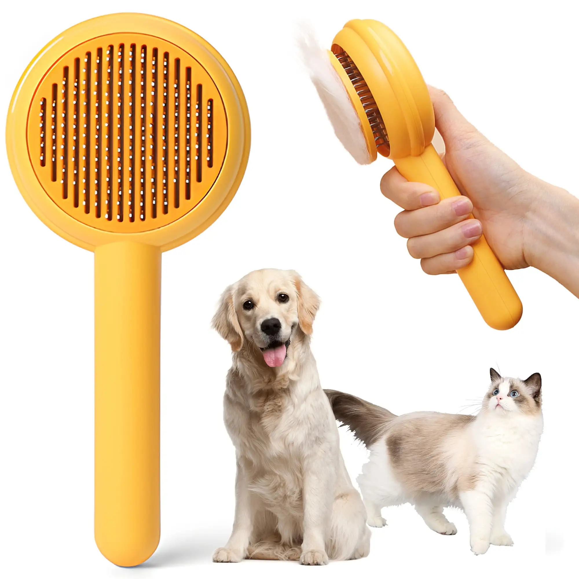 EOIVSH Cat Brushes for Indoor Cats - Pet Self Cleaning Slicker Brush Removes Deep Waste Hair - Cats Dogs Resin Protected Massage Comb(Yellow)