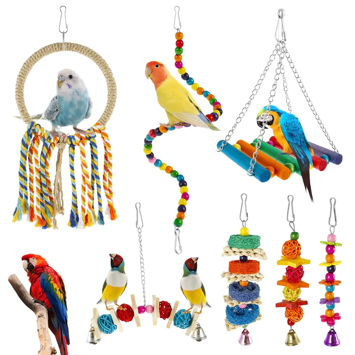 EUWBSSR 7 Piece Parrot Toy.Birds Cage Swing Set.Colorful Pet Bird Cage Hammock Swing Toy Parrot Chewing Swing Hanging Perch with Bell for Parakeets. Macaws. Conures. Budgies