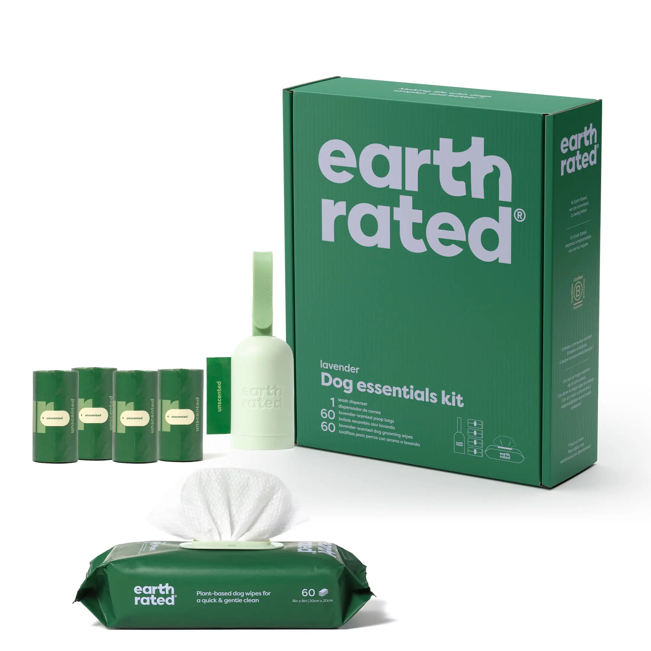 Earth Rated Dog Essentials Kit. Lavender Scented. Includes Leash Bag Dispenser. Dog Waste Bags. and Grooming Wipes