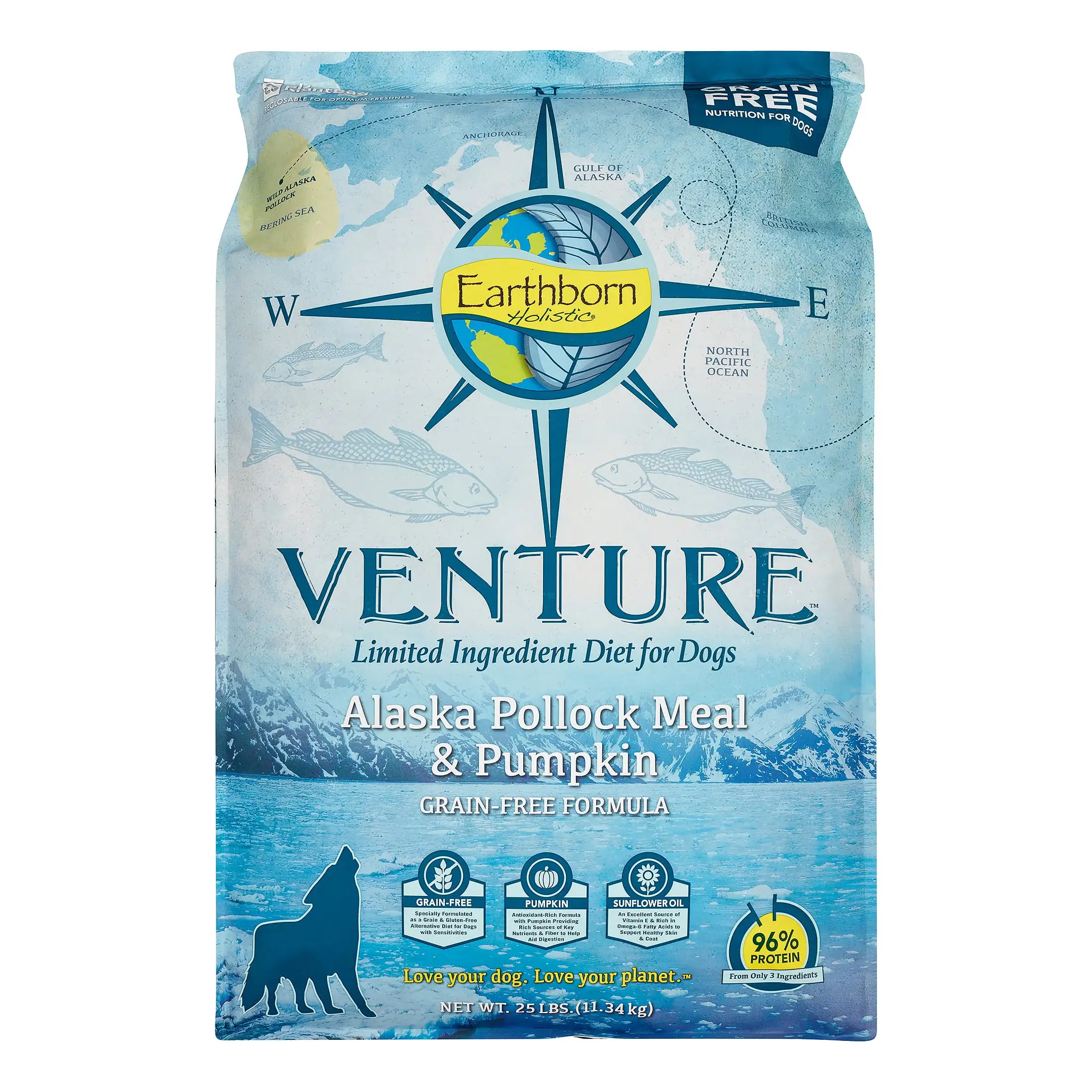 Earthborn Holistic Venture Grain-Free Limited Ingredients Alaska Pollock & Pumpkin Dry Dog Food. 25 lb