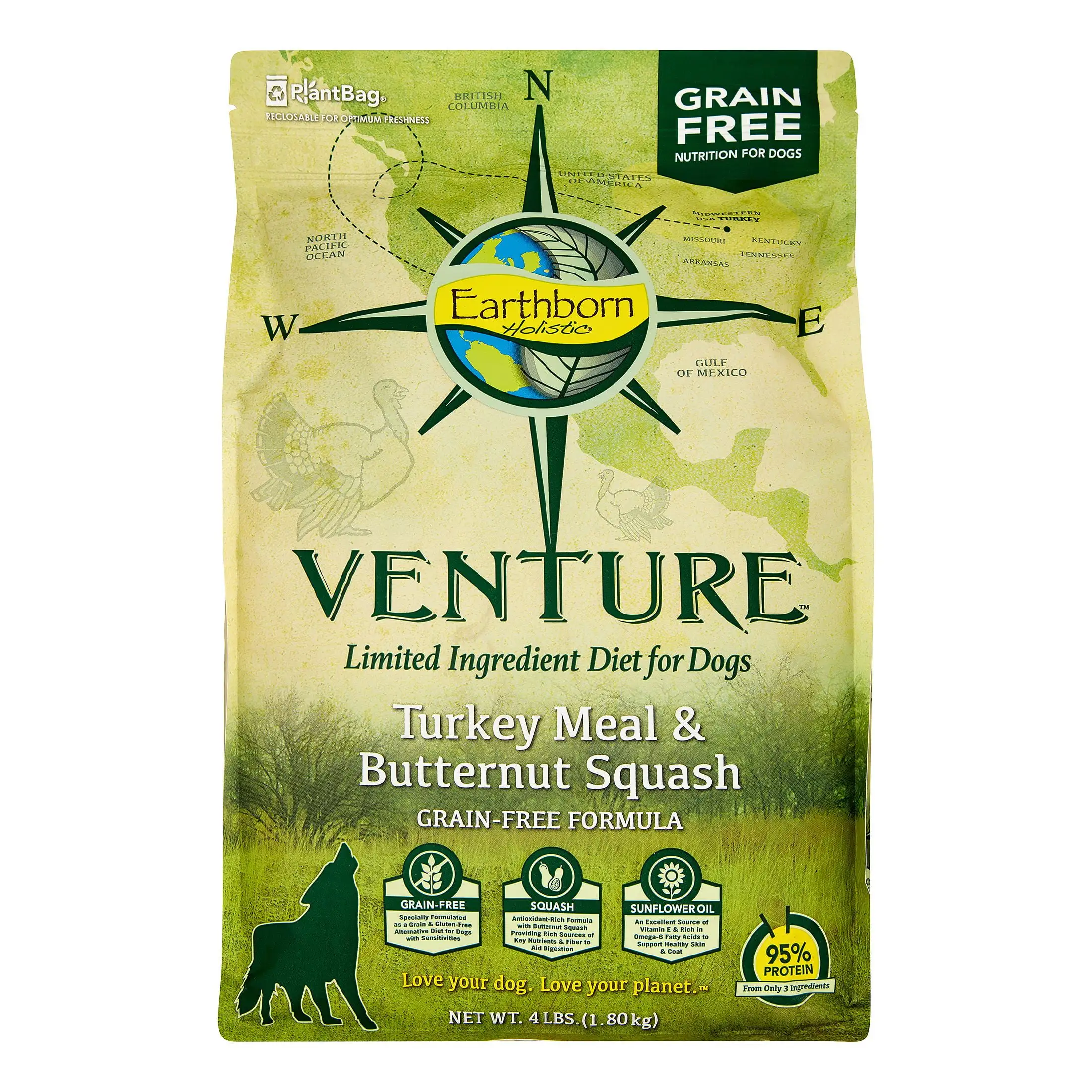 Earthborn Holistic Venture Grain-Free Limited Ingredients Turkey & Butternut Squash Dry Dog Food. 4 lb