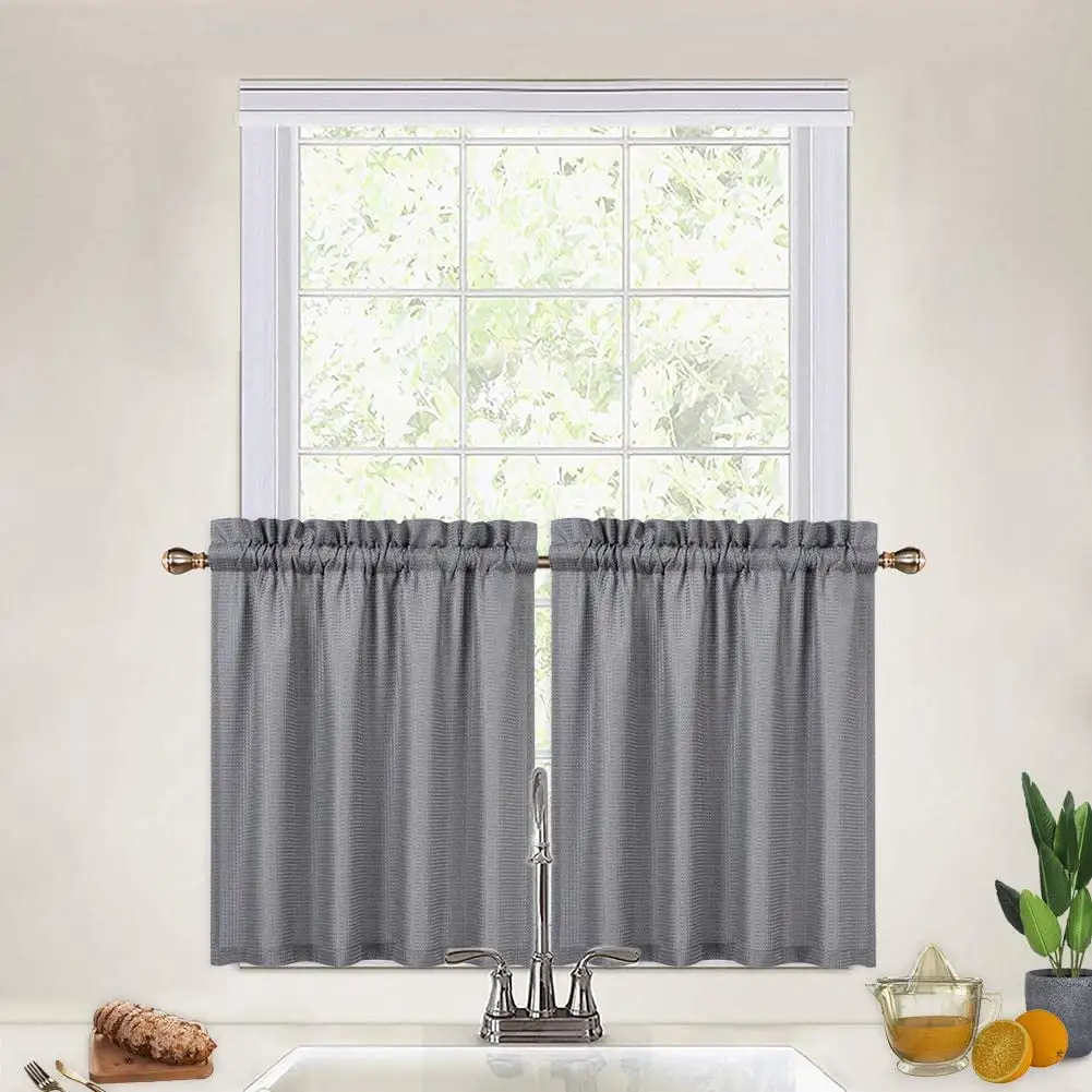 EastVita Navy blue kitchen curtain 76.2 cm. waffle woven texture short layer curtain. suitable for bathroom. cafe. kitchen curtain. 1 pair