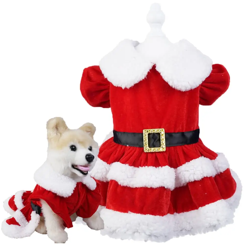 Easy to Put on Pet Dress Pet Dress Santa Claus Costume Easy to Wear Machine Washable Durable Ruffle Sleeve Comfortable Pet Apparel