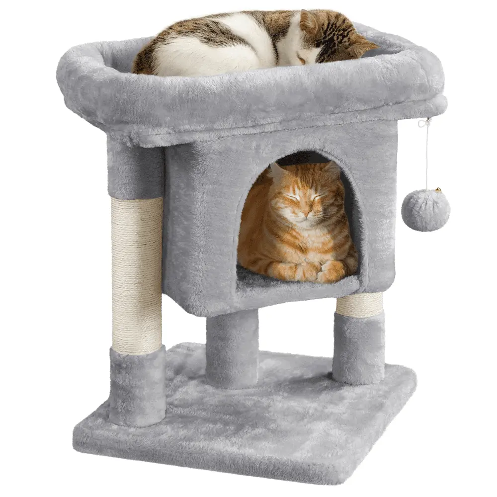 Easyfashion 2-Level Cat Tree Kitten Condo House with Plush Perch. Light Gray