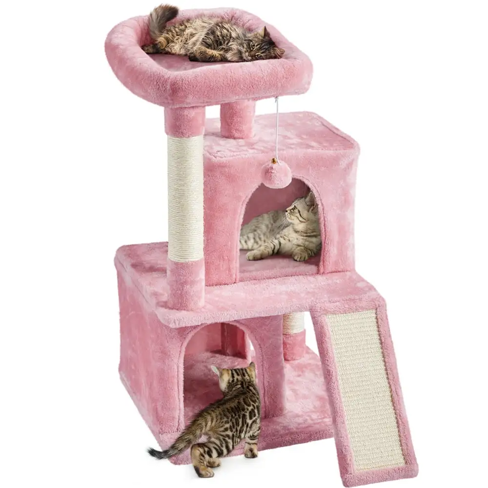 Easyfashion 36 H Multilevel Plush Cat Tree with Double Condos and Furry Ball. Pink