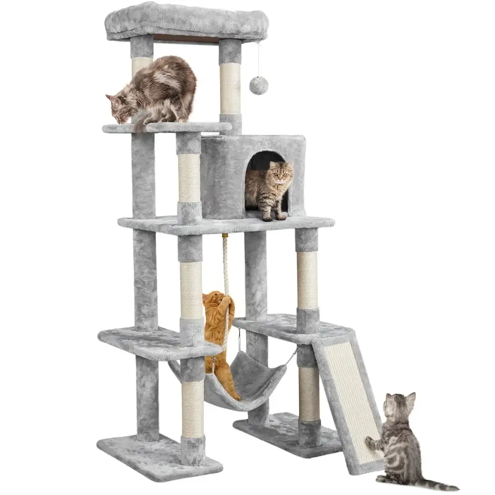 Easyfashion 63 Height Large Plush Cat Tree Condos with Hammock. Light Gray