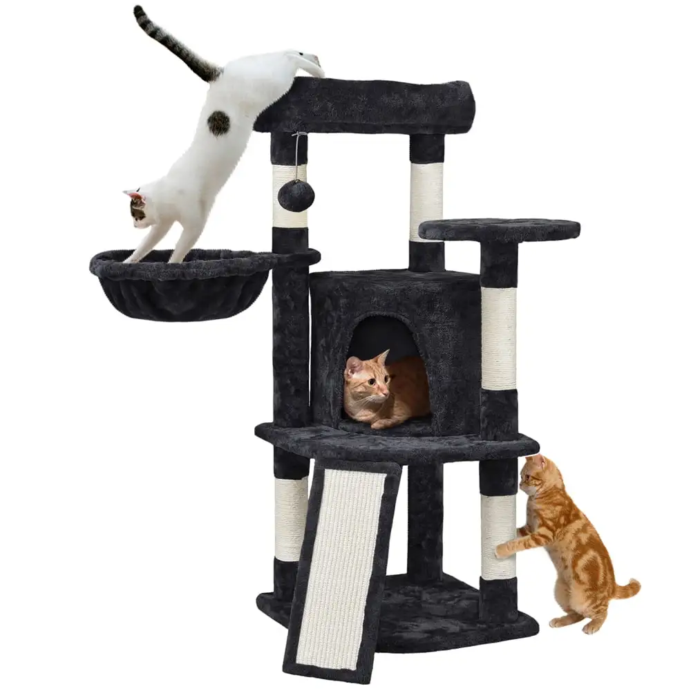 Easyfashion Professional Cat Tree Plush Tower with Basket for Small Kittens. Indoor. Black