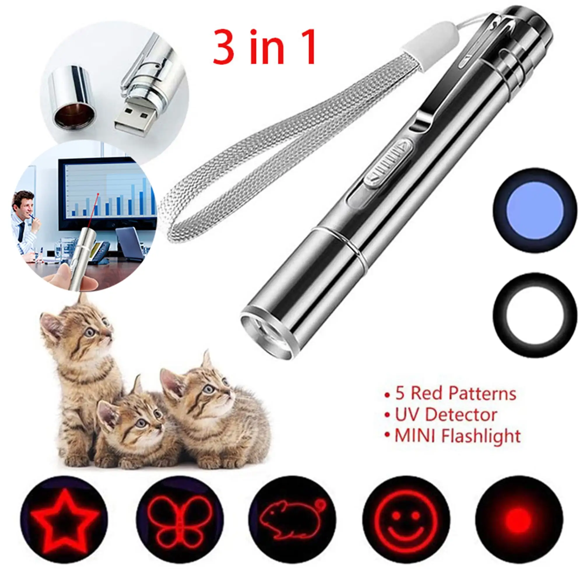 BESTSKY 1 PCS 3 in 1 Rechargeable Cat Laser Pointer Flashlight Toy USB Power. Cat Dog Chaser Toys