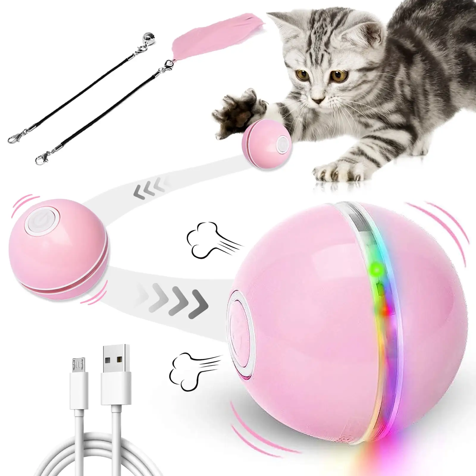 Electric Cat Ball Toys. Interactive Self Auto Rotating Intelligent Cat Ball Toys for Pet Dogs. Cats. Smart Indoor Rolling Cat Toy for Home Bedroom. Pink