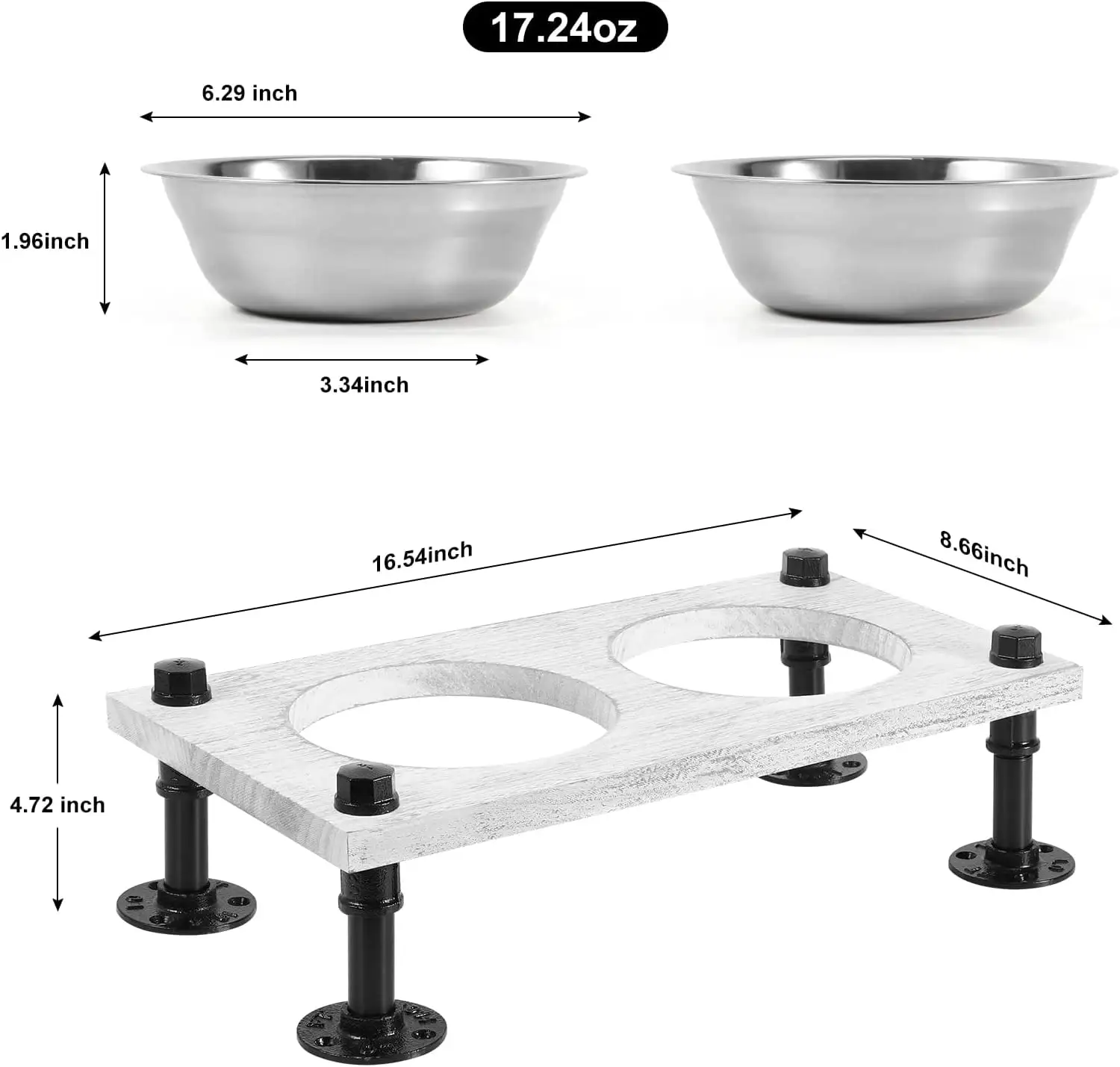 Elevated Dog Bowl with Double Stainless Steel Bowl and Waterproof Plate . Rustic Wooden Dog Dish Stand for Small and Medium Dogs and Cats. Off-White