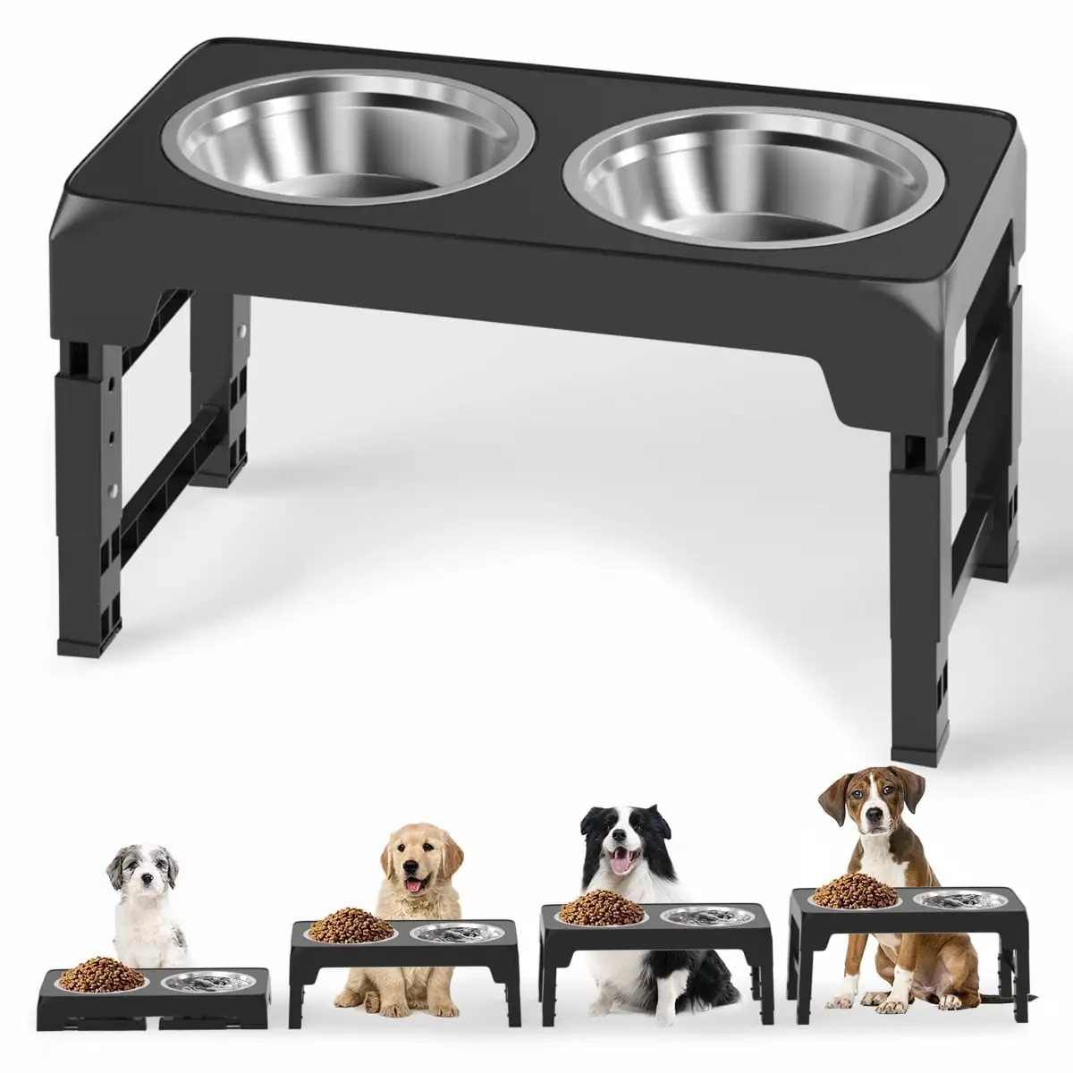 Elevated Dog Bowls. 5 Adjustable Heights Raised Dog Bowl. Dog Bowl Stand with 2 Thick 42oz Stainless Steel Dog Food Bowls for Small Medium Large Dogs Cats. Black