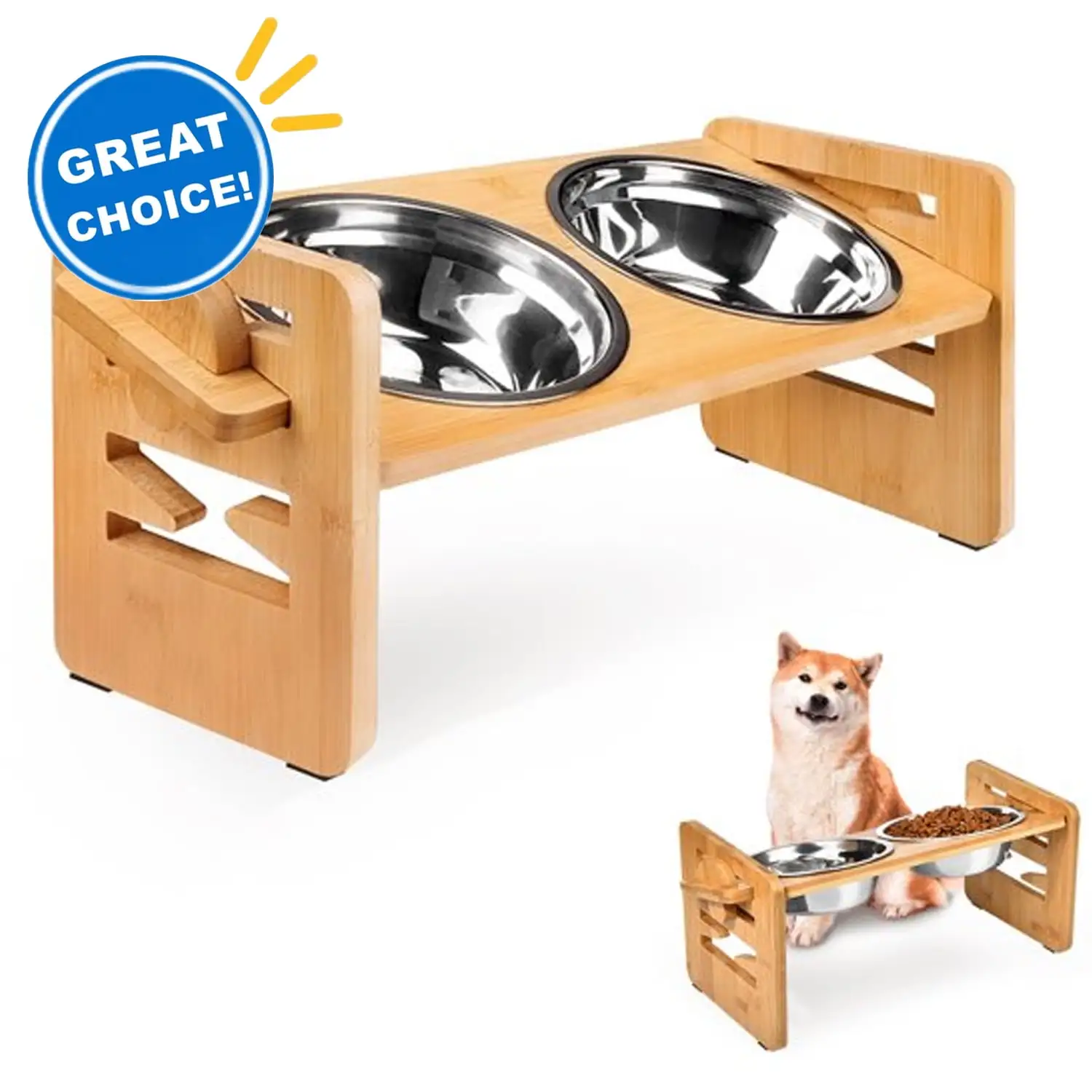 Elevated Dog Bowls. Adjustable Raised Dog Bowl Stand Feeder for Small Size Dogs and Cats. Durable Bamboo Dog Food Bowl Stand with 2 Stainless Steel Bowls and Non-Slip Feet (Small)