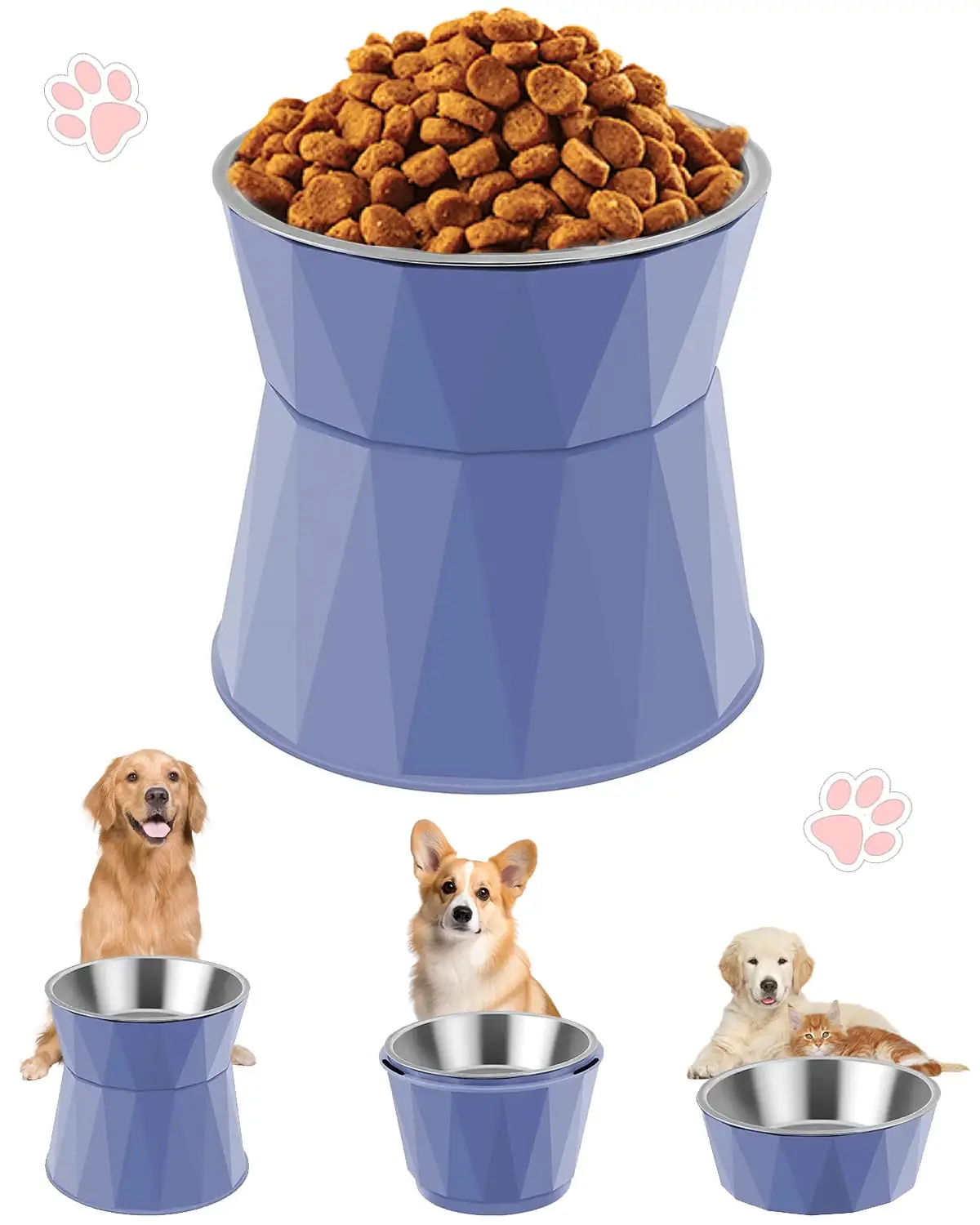 Elevated Dog Bowls. Stainless Steel Dog Food Bowls. 3 Height Adjustable Cat Food Bowls. Non-Slip Detachable Dog Feeder for Medium Small Cats Dogs