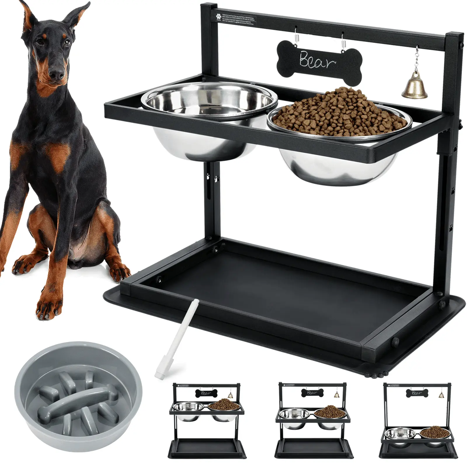 Elevated Slow Feeder Dog Bowls. Height Adjustable with 2 Stainless Steel 1.7L Dog Food Bowls for Small Medium Large Dogs