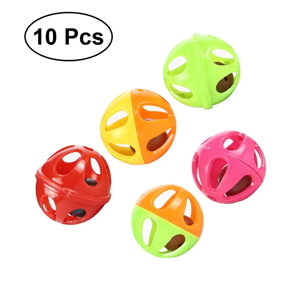 Etereauty 10pcs Bell Toys for Cats Colorful Plastic Hollow Two-Tone Jingle Bell Pounce Chase Rattle Ball Toys (Random Color)