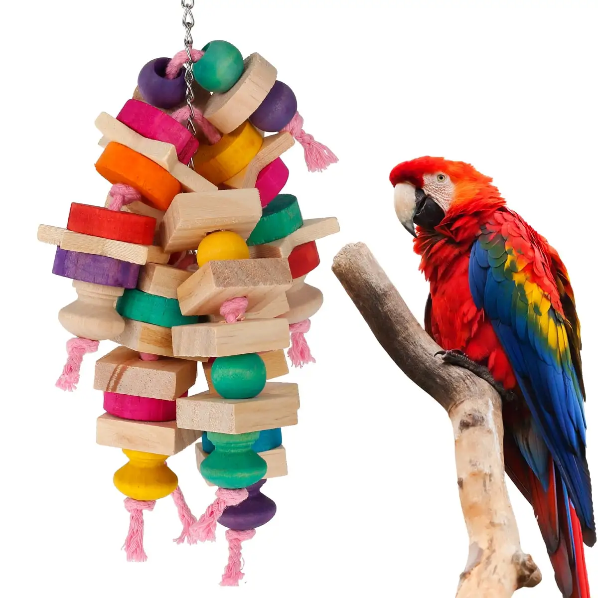 Eummy 1pcs Parrot Chew Toys Safe Materials Bird Parrot Hanging Bite Wooden Blocks Cage Fun Toy for Chewing Climbing Biting Wooden Knots Blocks Chewing Toys with Adjustable Height Parrot Toys for Mos