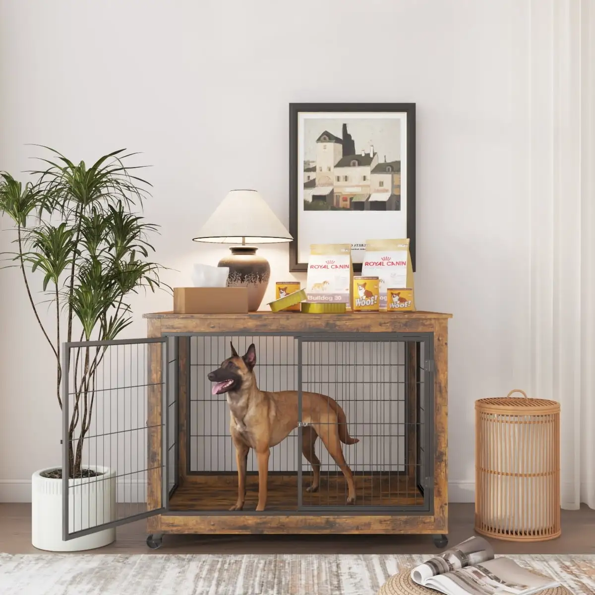 Euroco Dog Crate on Wheels. Heavy Duty Dog Kennel with Lockable Door. Large Dog Cage 43. Rustic Brown